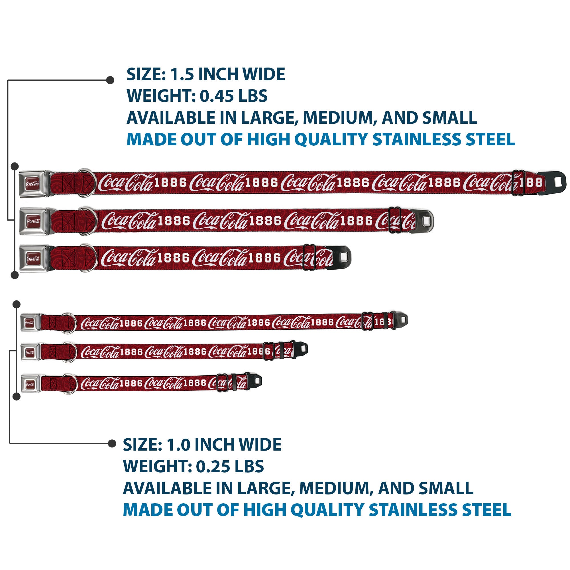 COCA-COLA Script Logo Full Color Burgundy/White Seatbelt Buckle Collar - COCA-COLA 1886 Script Logo Blues/White/Red Seatbelt Buckle Collars Coca-Cola