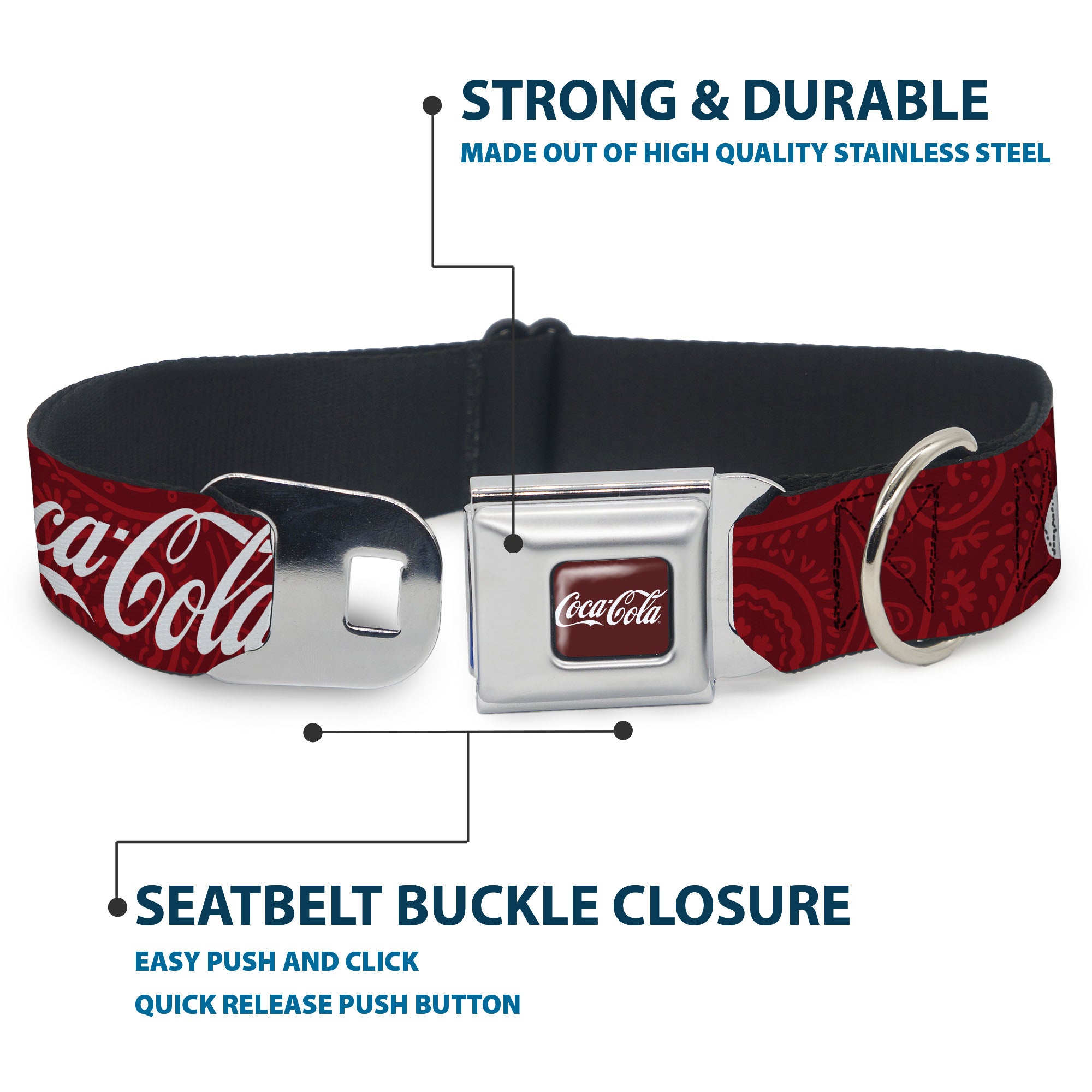 COCA-COLA Script Logo Full Color Burgundy/White Seatbelt Buckle Collar - COCA-COLA 1886 Script Logo Blues/White/Red Seatbelt Buckle Collars Coca-Cola