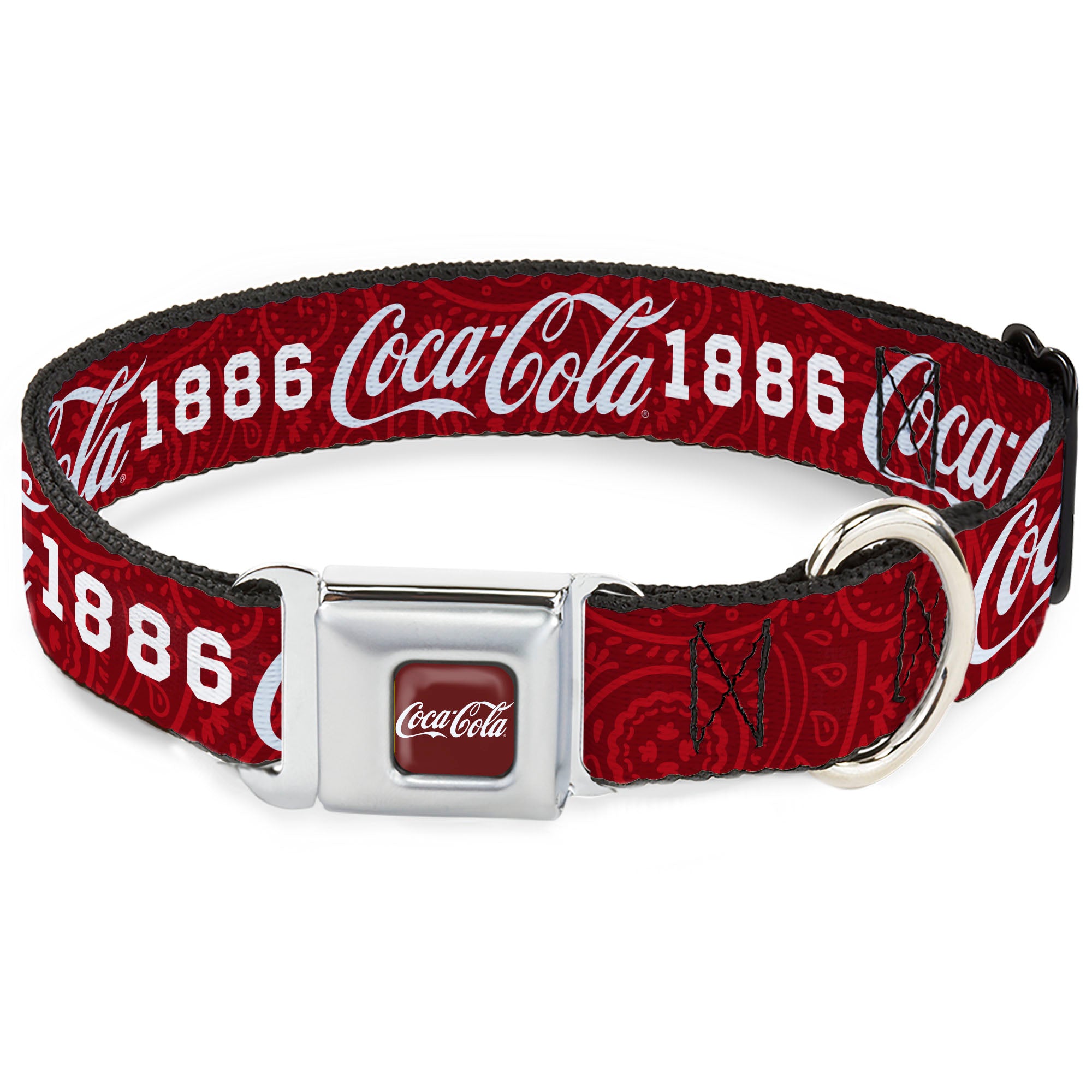 COCA-COLA Script Logo Full Color Burgundy/White Seatbelt Buckle Collar - COCA-COLA 1886 Script Logo Blues/White/Red Seatbelt Buckle Collars Coca-Cola