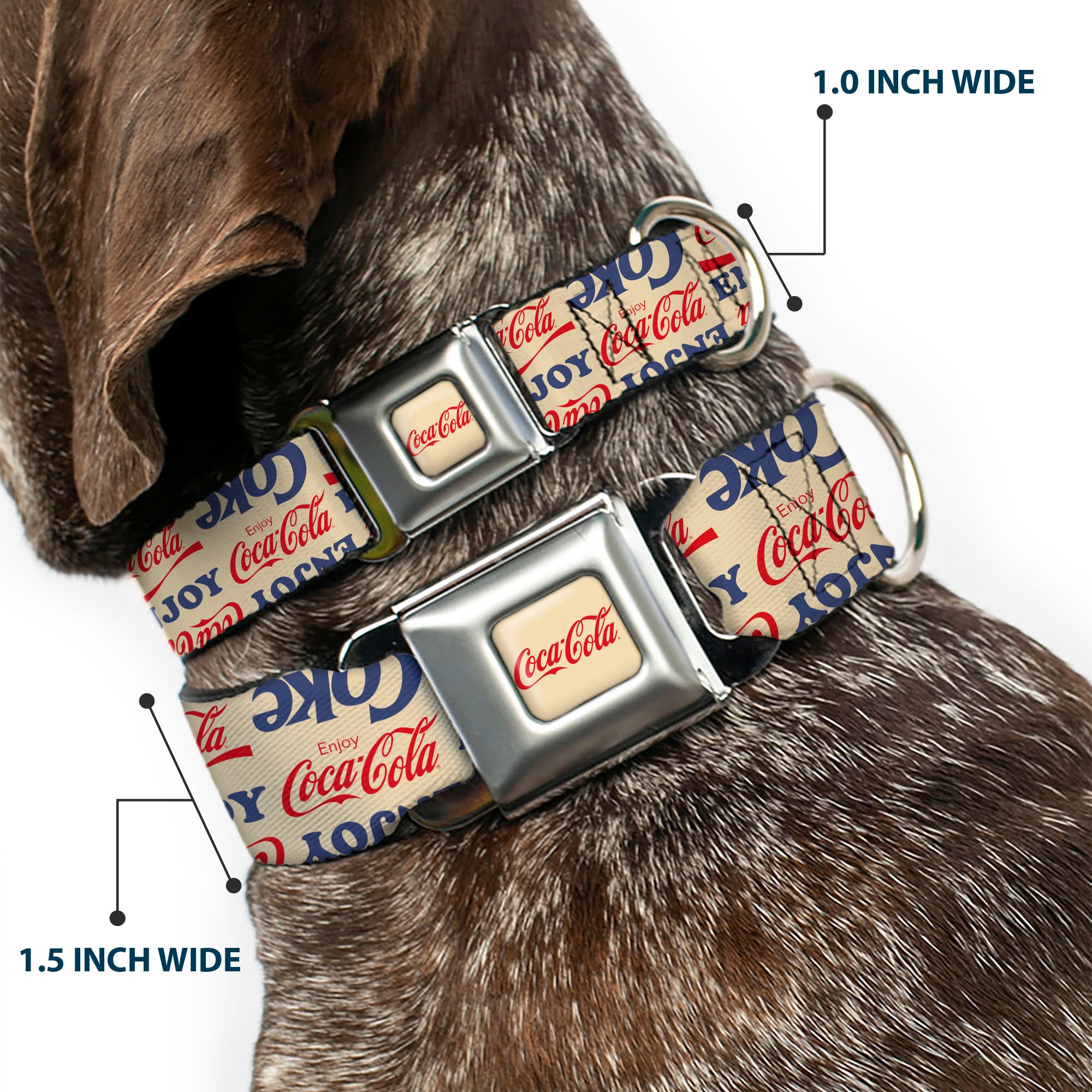 COCA-COLA Script Logo Full Color Beige/Red Seatbelt Buckle Collar - ENJOY COCA-COLA COKE Logos Collage Beige/Red/Blue Seatbelt Buckle Collars Coca-Cola