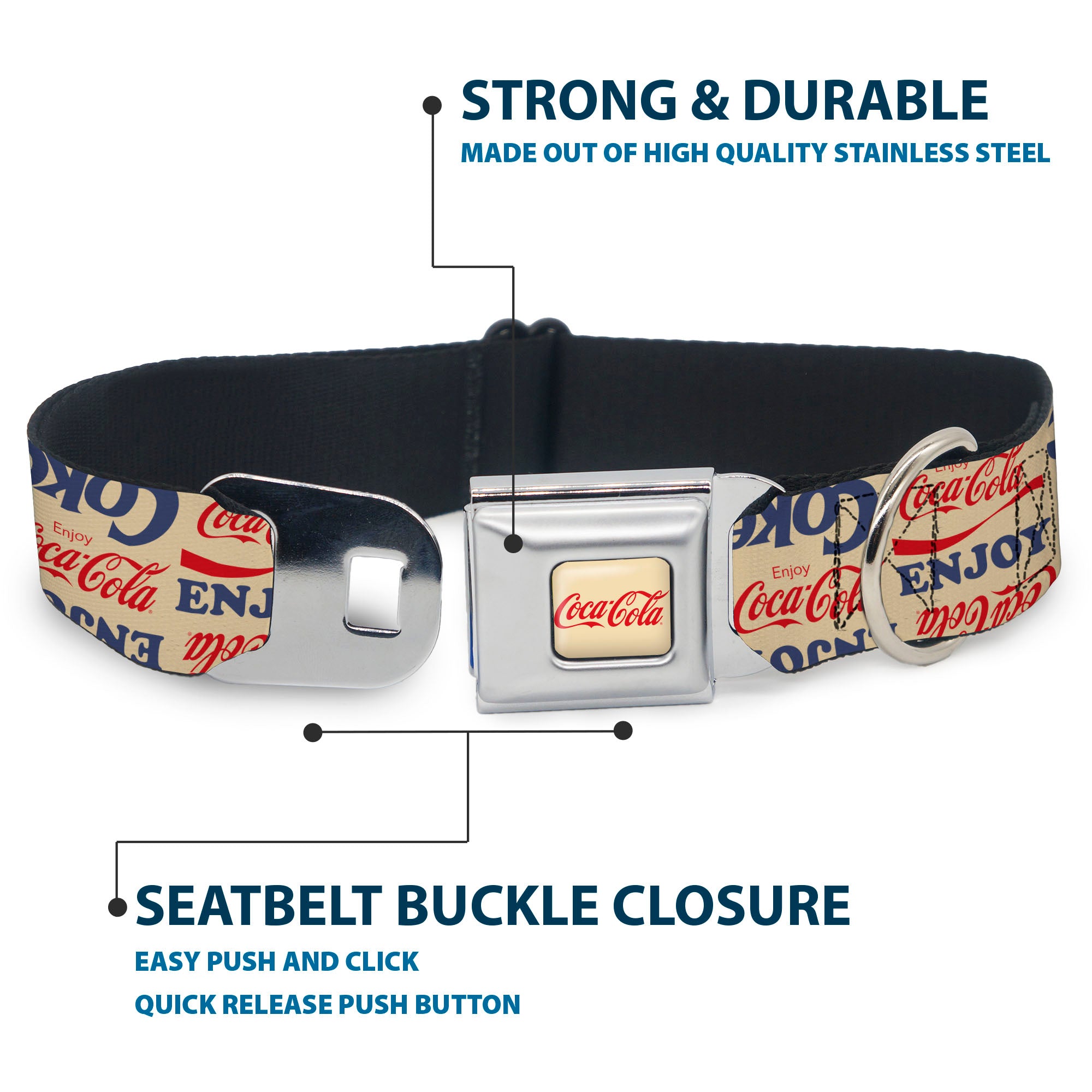 COCA-COLA Script Logo Full Color Beige/Red Seatbelt Buckle Collar - ENJOY COCA-COLA COKE Logos Collage Beige/Red/Blue Seatbelt Buckle Collars Coca-Cola