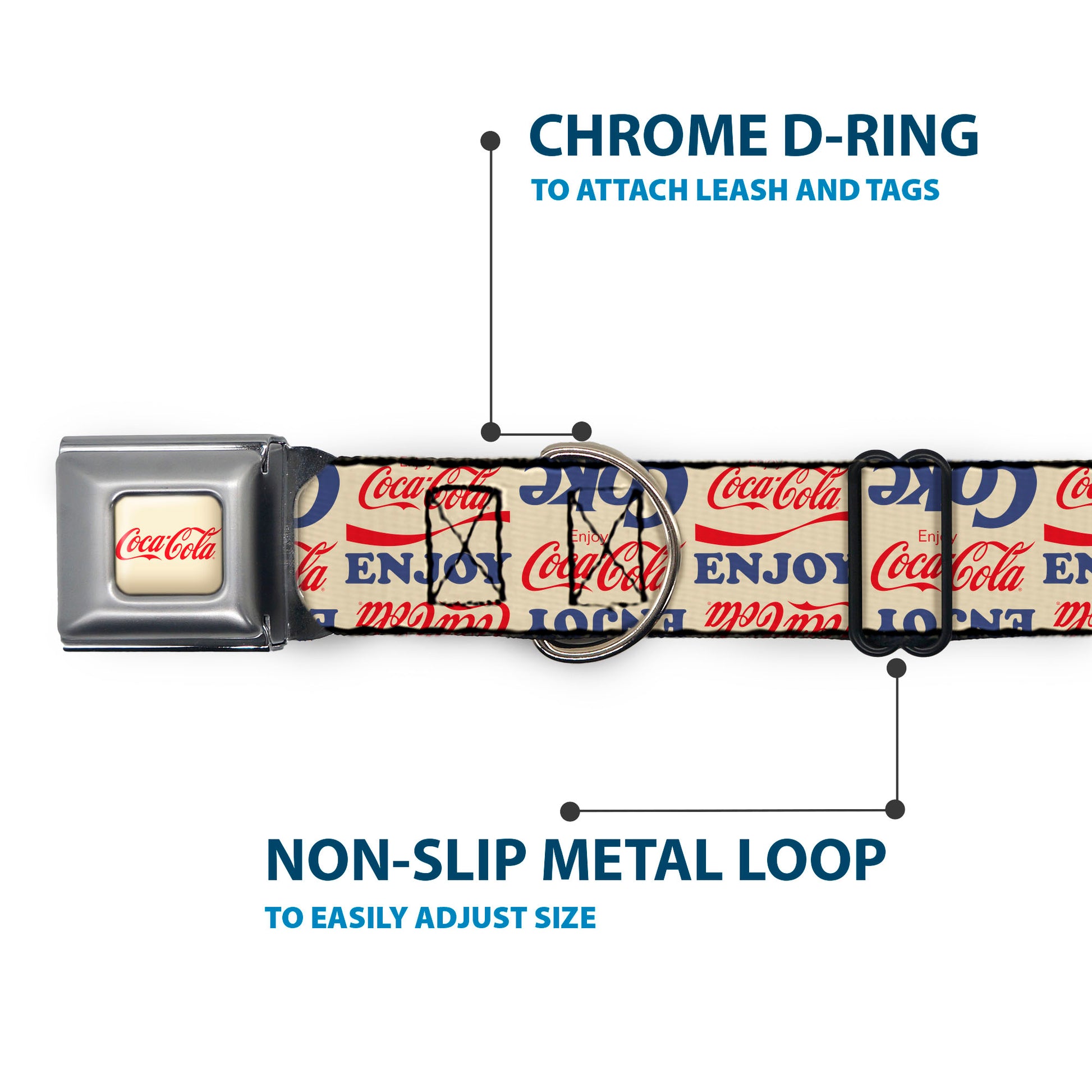 COCA-COLA Script Logo Full Color Beige/Red Seatbelt Buckle Collar - ENJOY COCA-COLA COKE Logos Collage Beige/Red/Blue Seatbelt Buckle Collars Coca-Cola