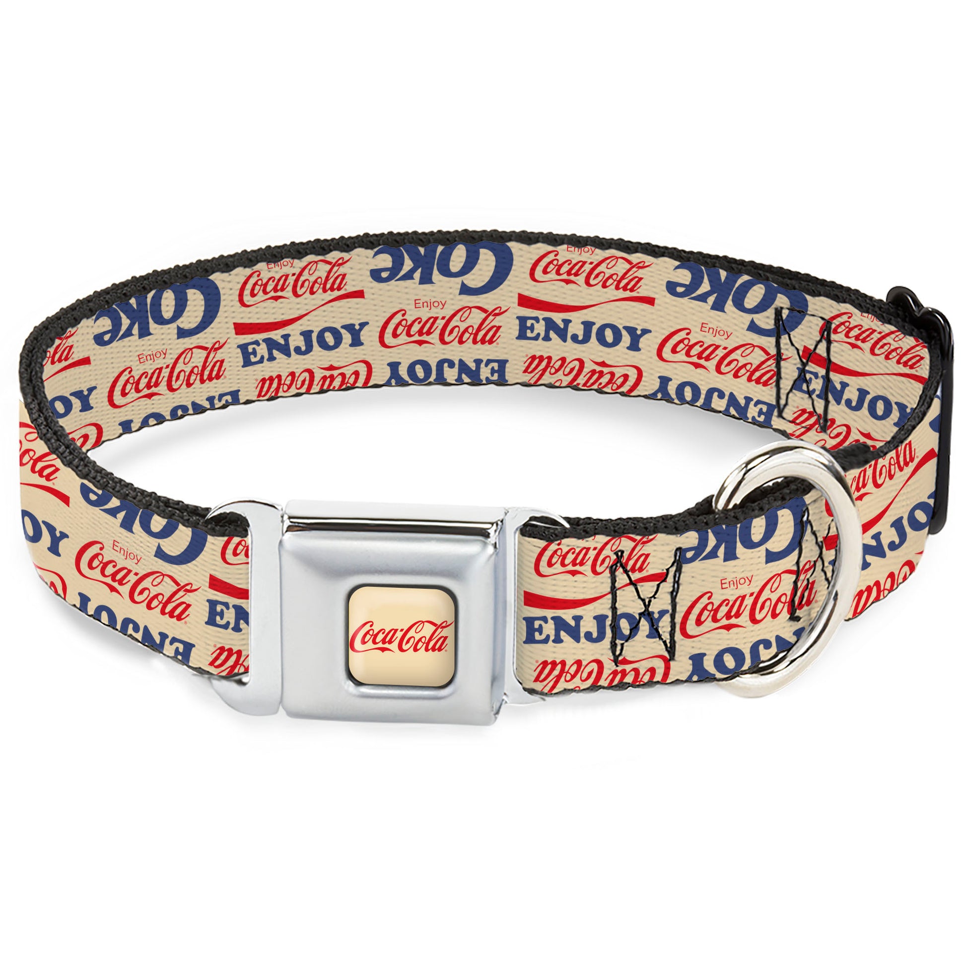 COCA-COLA Script Logo Full Color Beige/Red Seatbelt Buckle Collar - ENJOY COCA-COLA COKE Logos Collage Beige/Red/Blue Seatbelt Buckle Collars Coca-Cola