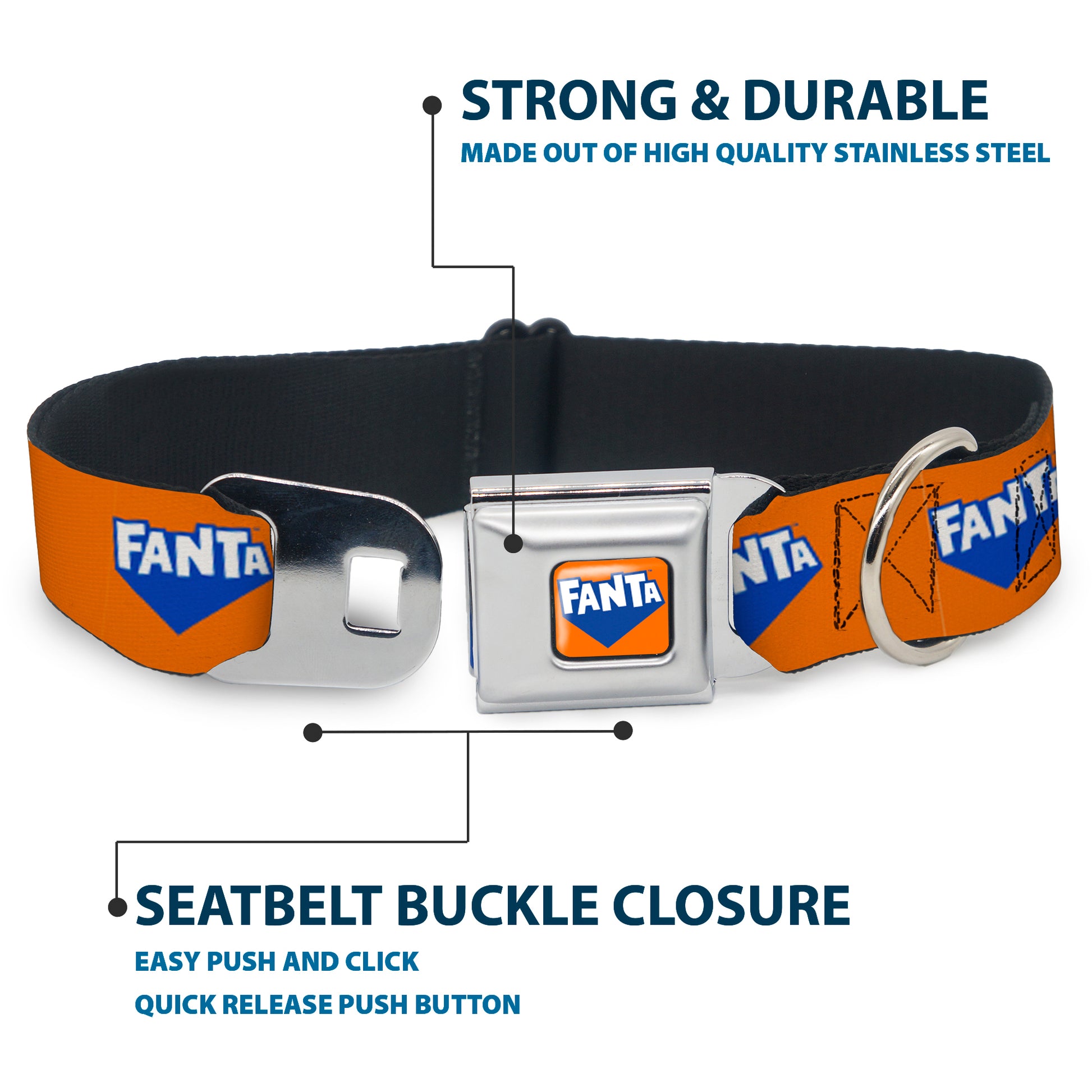 FANTA Logo Full Color Orange/Blue/White Seatbelt Buckle Collar - FANTA Logo Orange/Blue/White Seatbelt Buckle Collars Coca-Cola