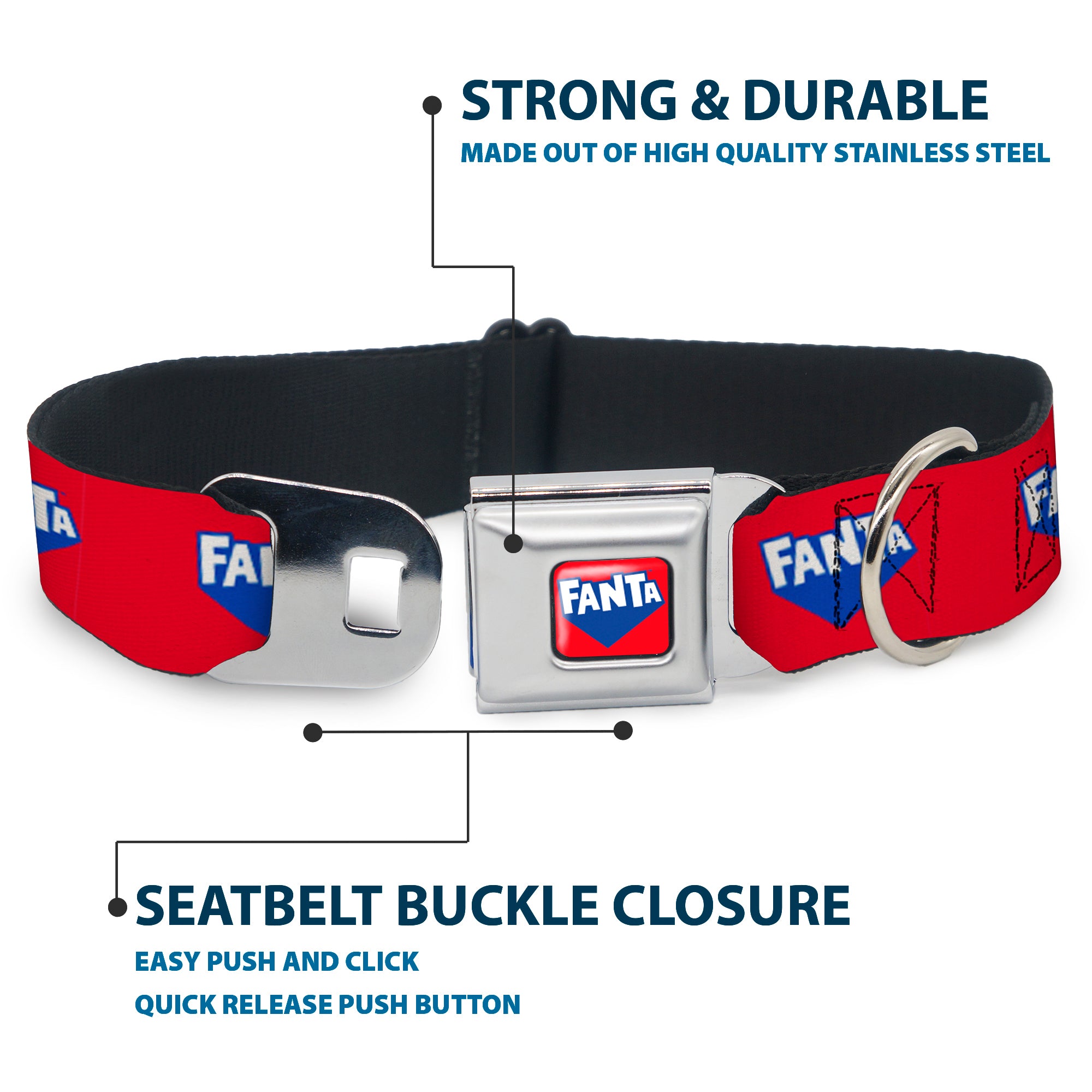 FANTA Logo Full Color Strawberry Red/Blue/White Seatbelt Buckle Collar - FANTA Logo Strawberry Red/Blue/White Seatbelt Buckle Collars Coca-Cola