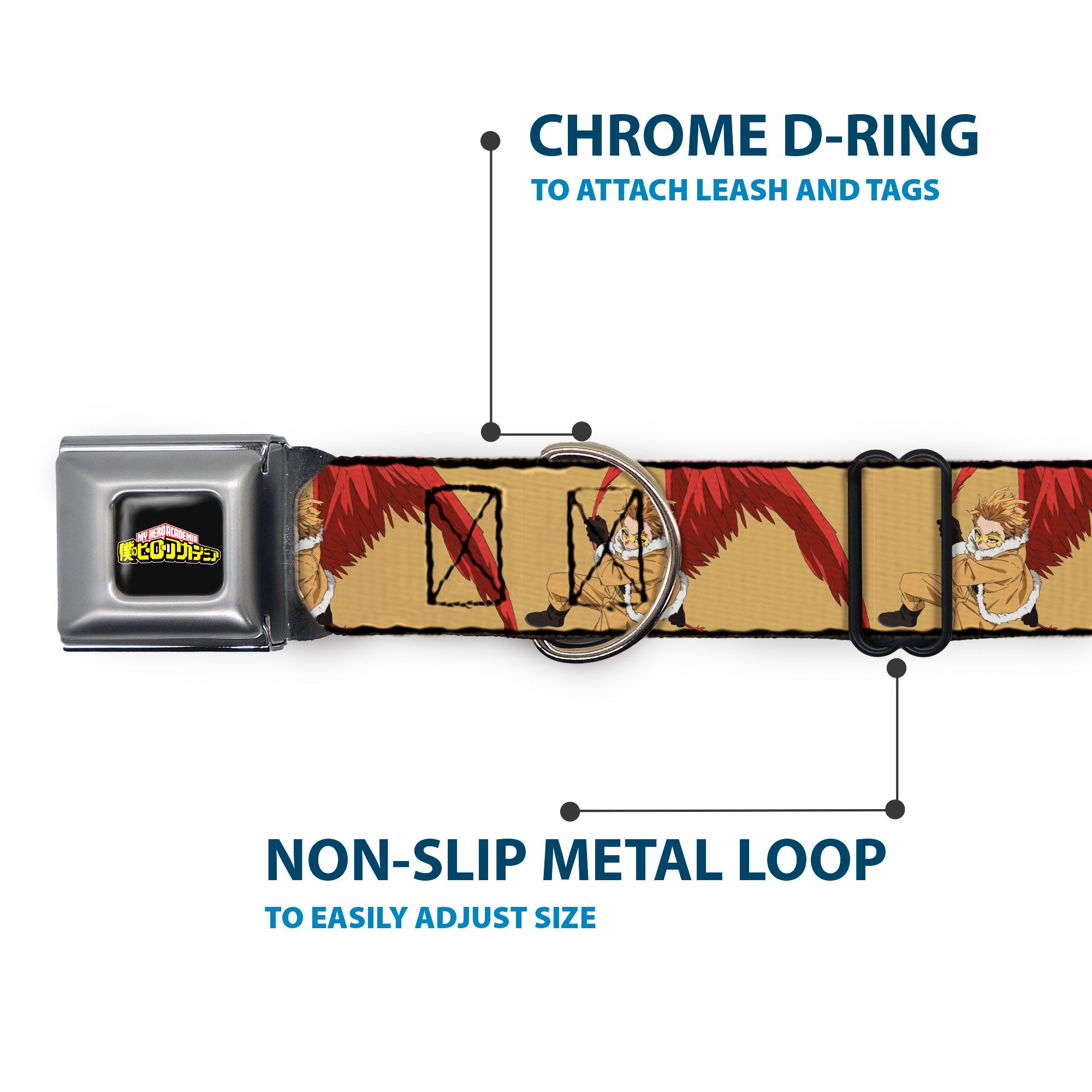 MY HERO ACADEMIA Title Logo Full Color Black Seatbelt Buckle Collar - My Hero Academia Keigo Takami Hawks Action Pose Orange Seatbelt Buckle Collars My Hero Academia