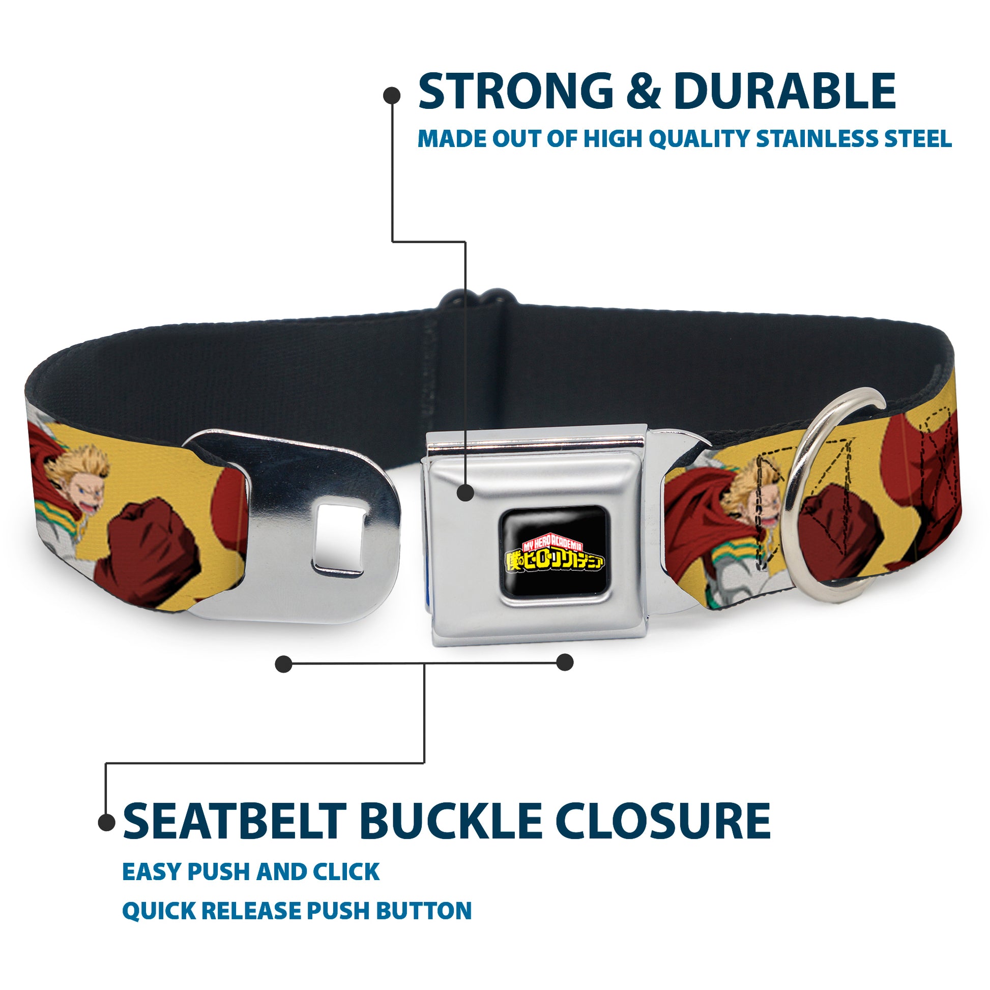 MY HERO ACADEMIA Title Logo Full Color Black Seatbelt Buckle Collar - My Hero Academia Mirio Togata Upper Cut Pose Yellow Seatbelt Buckle Collars My Hero Academia