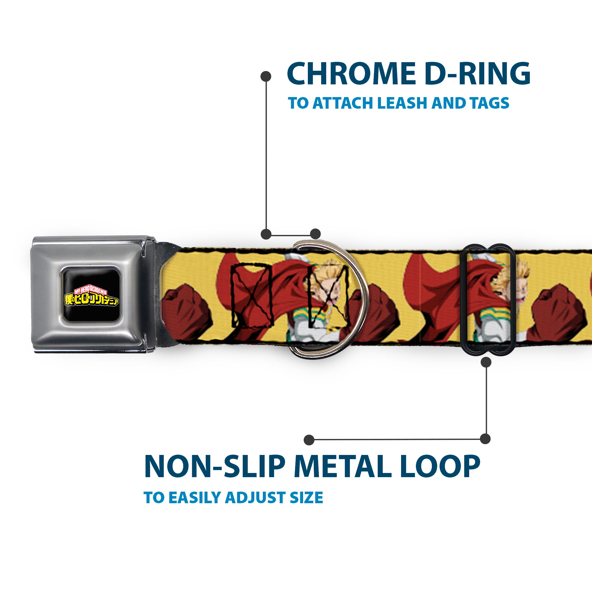 MY HERO ACADEMIA Title Logo Full Color Black Seatbelt Buckle Collar - My Hero Academia Mirio Togata Upper Cut Pose Yellow Seatbelt Buckle Collars My Hero Academia