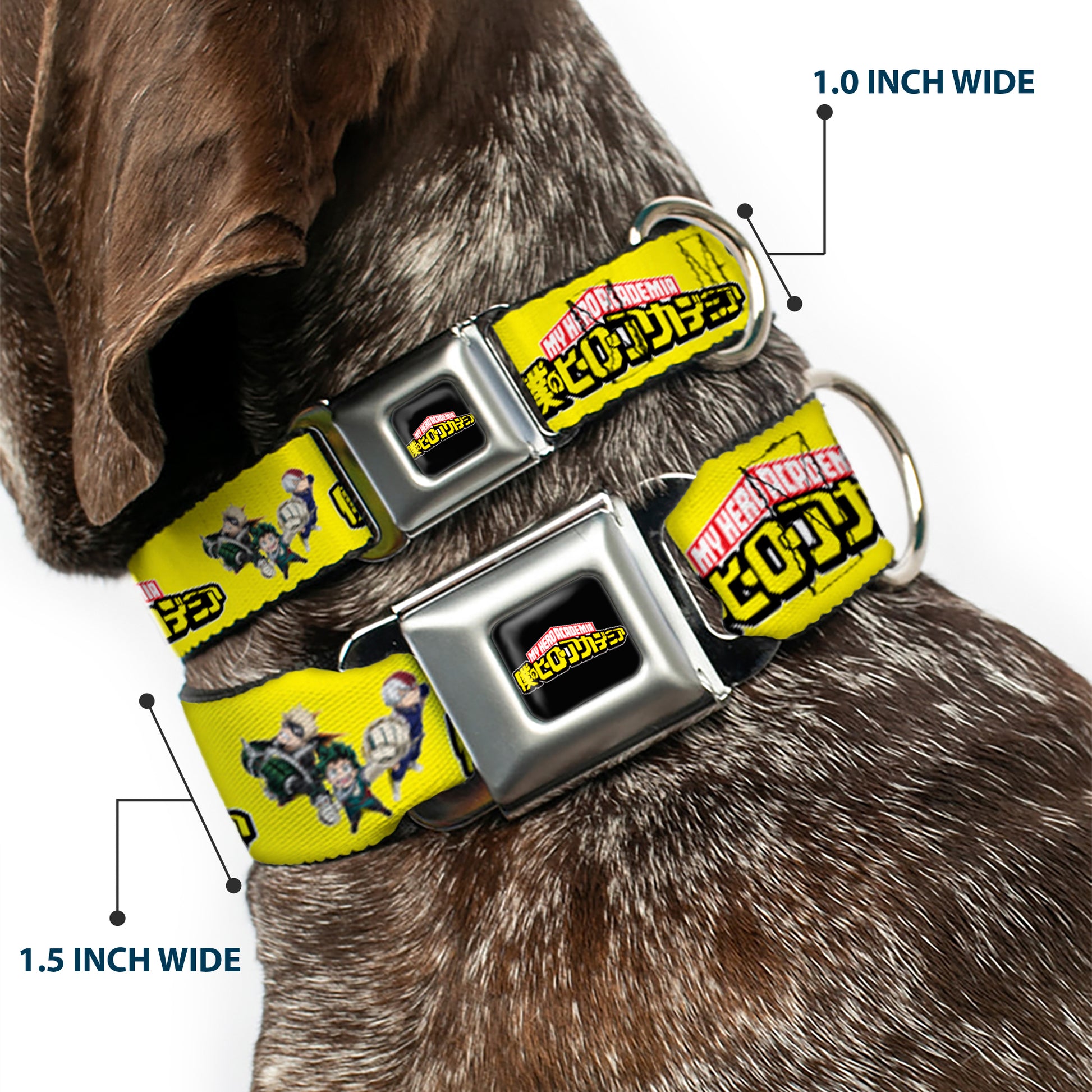 MY HERO ACADEMIA Title Logo Full Color Black Seatbelt Buckle Collar - MY HERO ACADEMIA Character Trio Pose and Title Logo Yellow Seatbelt Buckle Collars My Hero Academia