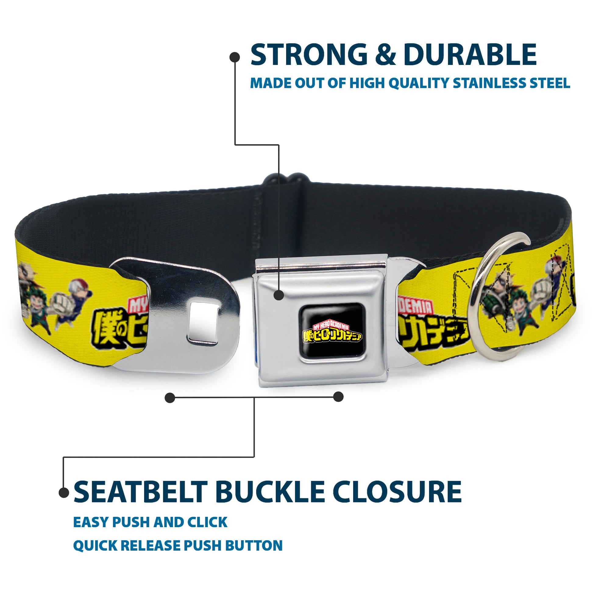 MY HERO ACADEMIA Title Logo Full Color Black Seatbelt Buckle Collar - MY HERO ACADEMIA Character Trio Pose and Title Logo Yellow Seatbelt Buckle Collars My Hero Academia