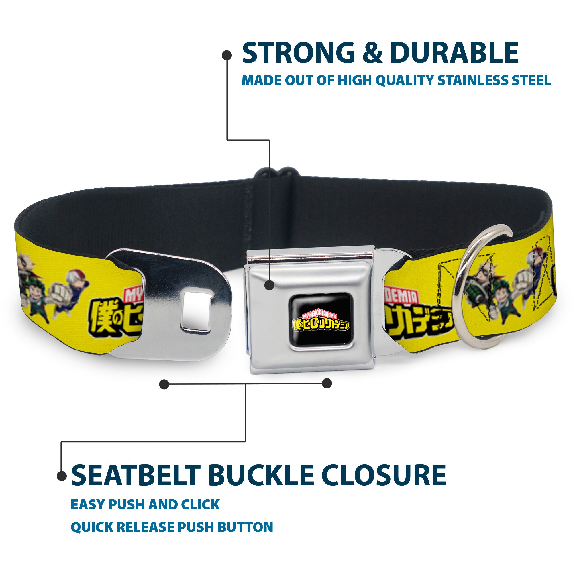 MY HERO ACADEMIA Title Logo Full Color Black Seatbelt Buckle Collar - MY HERO ACADEMIA Character Trio Pose and Title Logo Yellow Seatbelt Buckle Collars My Hero Academia