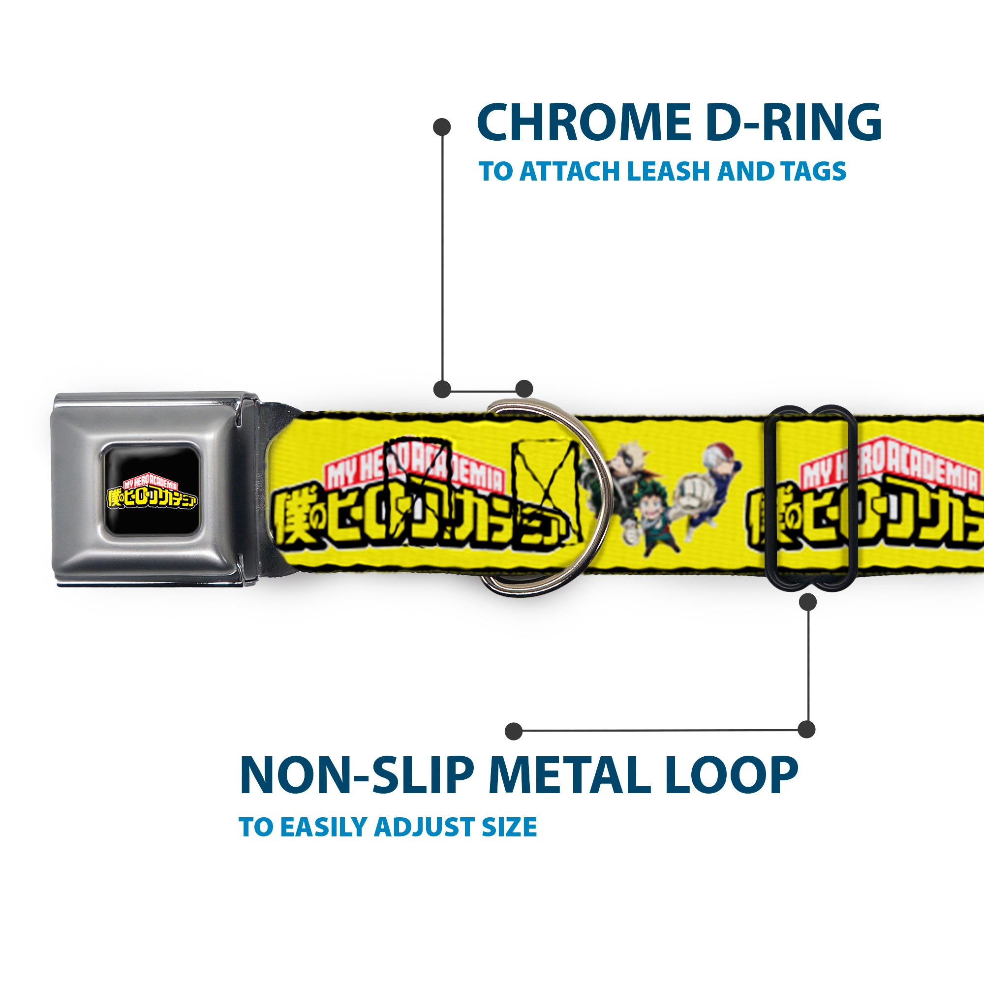 MY HERO ACADEMIA Title Logo Full Color Black Seatbelt Buckle Collar - MY HERO ACADEMIA Character Trio Pose and Title Logo Yellow Seatbelt Buckle Collars My Hero Academia