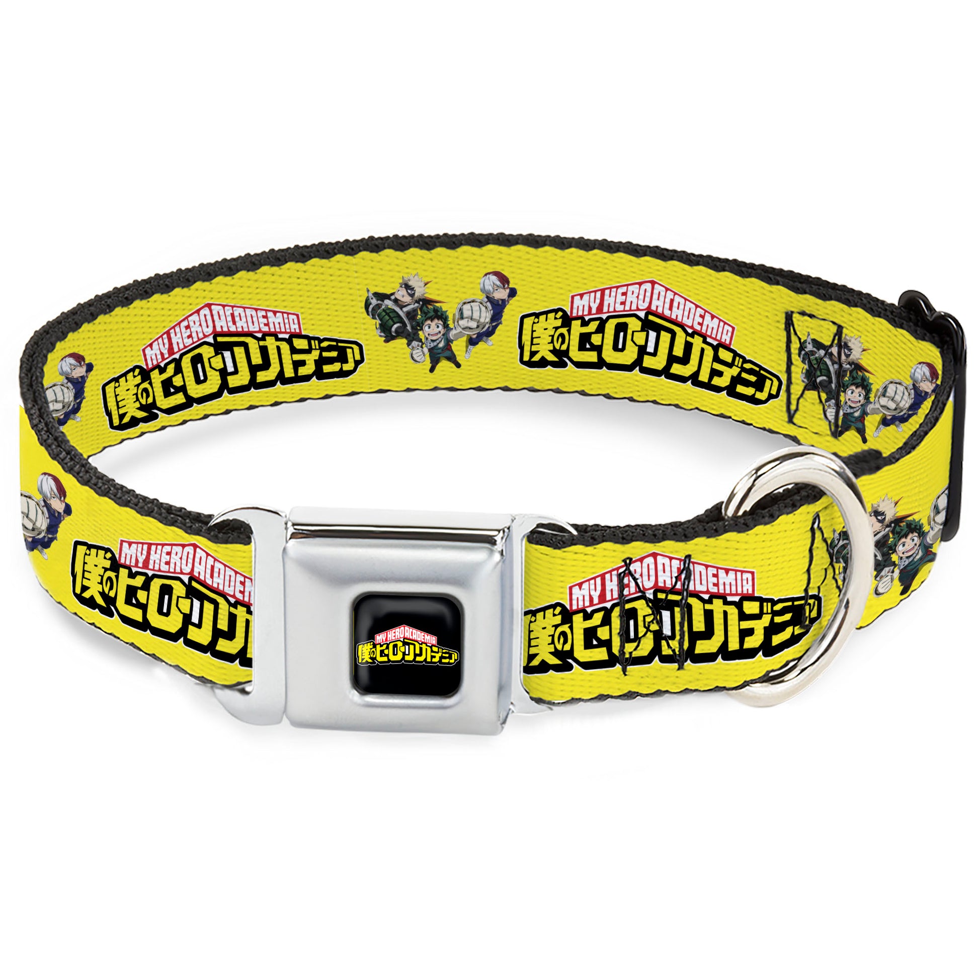MY HERO ACADEMIA Title Logo Full Color Black Seatbelt Buckle Collar - MY HERO ACADEMIA Character Trio Pose and Title Logo Yellow Seatbelt Buckle Collars My Hero Academia