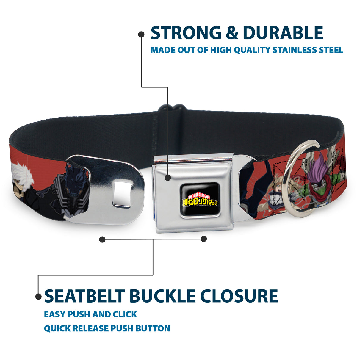 MY HERO ACADEMIA Title Logo Full Color Black Seatbelt Buckle Collar - My Hero Academia Villains Group Pose Red Dog Collars Seatbelt Buckle My Hero Academia