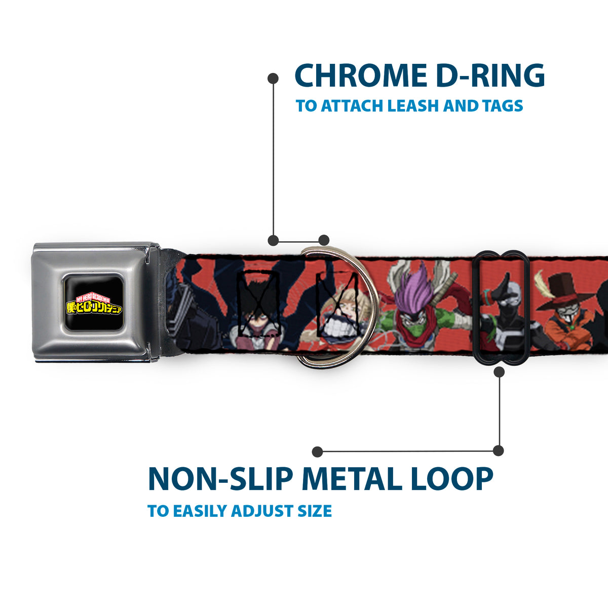 MY HERO ACADEMIA Title Logo Full Color Black Seatbelt Buckle Collar - My Hero Academia Villains Group Pose Red Dog Collars Seatbelt Buckle My Hero Academia