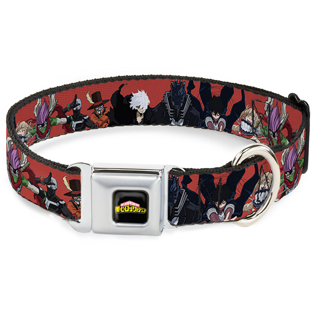 MY HERO ACADEMIA Title Logo Full Color Black Seatbelt Buckle Collar - My Hero Academia Villains Group Pose Red Dog Collars Seatbelt Buckle My Hero Academia
