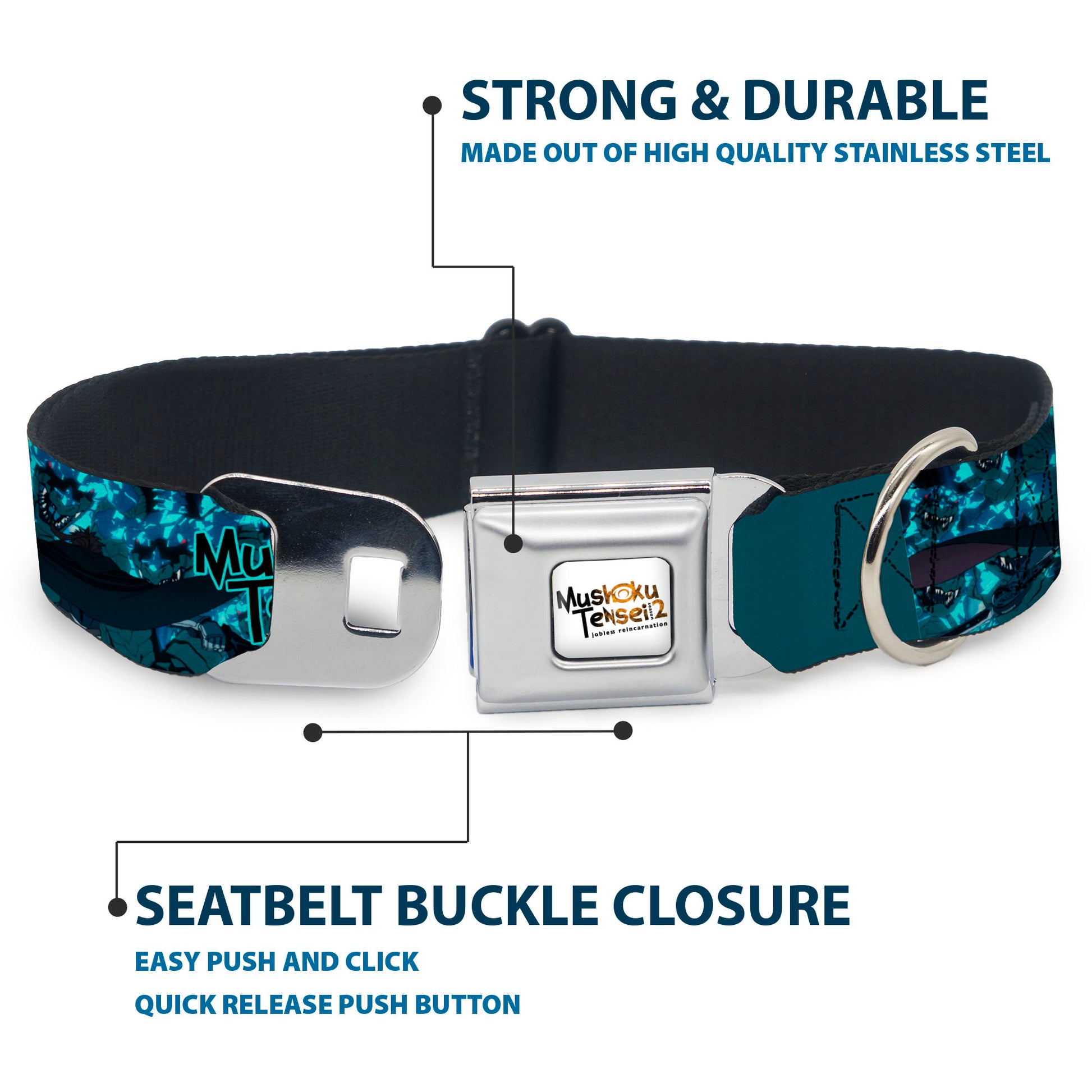 MUSHOKU TENSEI SEASON 2 JOBLESS REINACARNATION Title Logo Full Color White Seatbelt Buckle Collar - MUSHOKU TENSEI Manatite Hydra Magic Crystal Battle Scene and Title Logo Blues Seatbelt Buckle Collars Mushoku Tensei Jobless Reincarnation