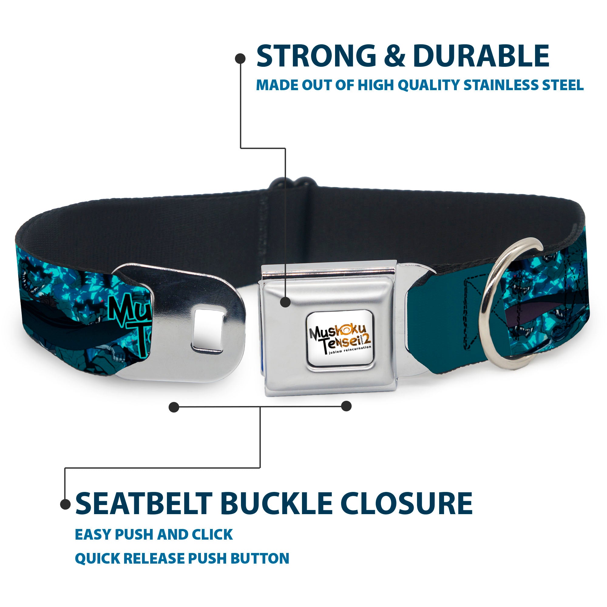 MUSHOKU TENSEI SEASON 2 JOBLESS REINACARNATION Title Logo Full Color White Seatbelt Buckle Collar - MUSHOKU TENSEI Manatite Hydra Magic Crystal Battle Scene and Title Logo Blues Seatbelt Buckle Collars Mushoku Tensei Jobless Reincarnation