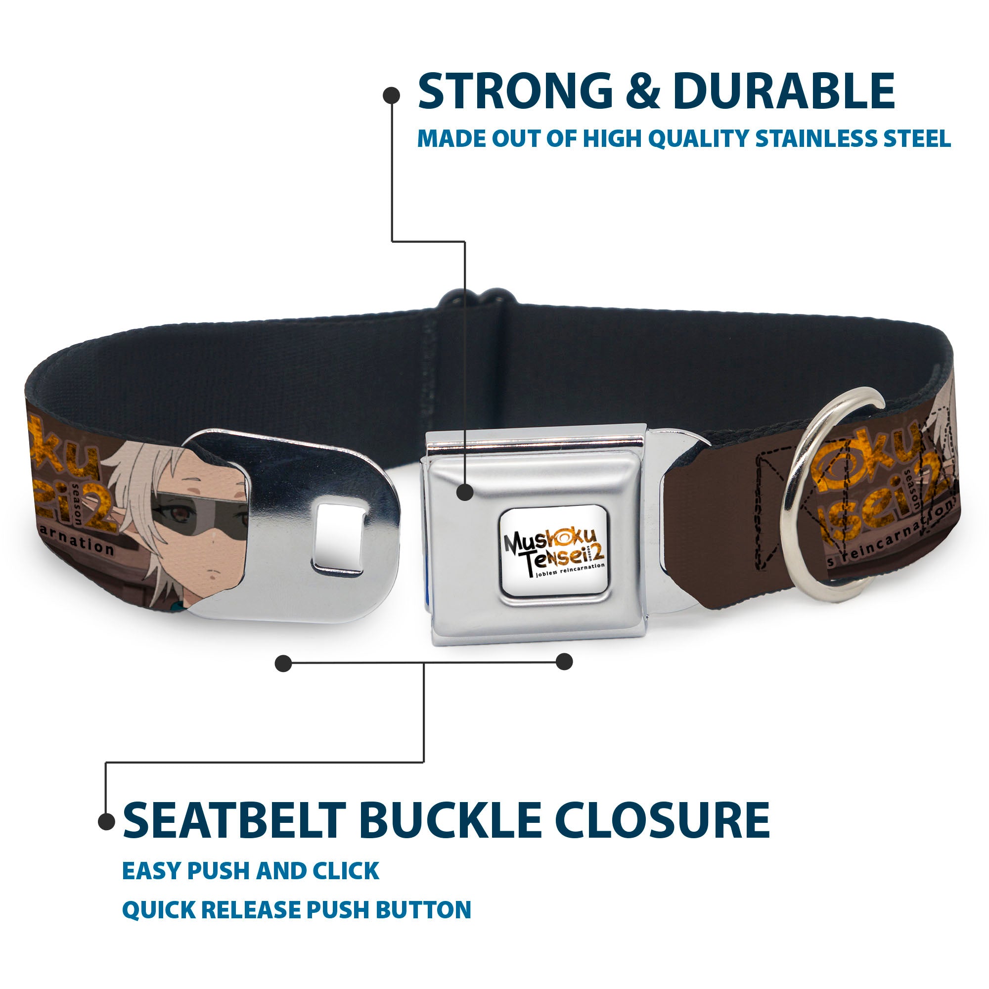 MUSHOKU TENSEI SEASON 2 JOBLESS REINACARNATION Title Logo Full Color White Seatbelt Buckle Collar - MUSHOKU TENSEI Sylphiette Fitz Guard Pose and Title Logo Browns Seatbelt Buckle Collars Mushoku Tensei Jobless Reincarnation