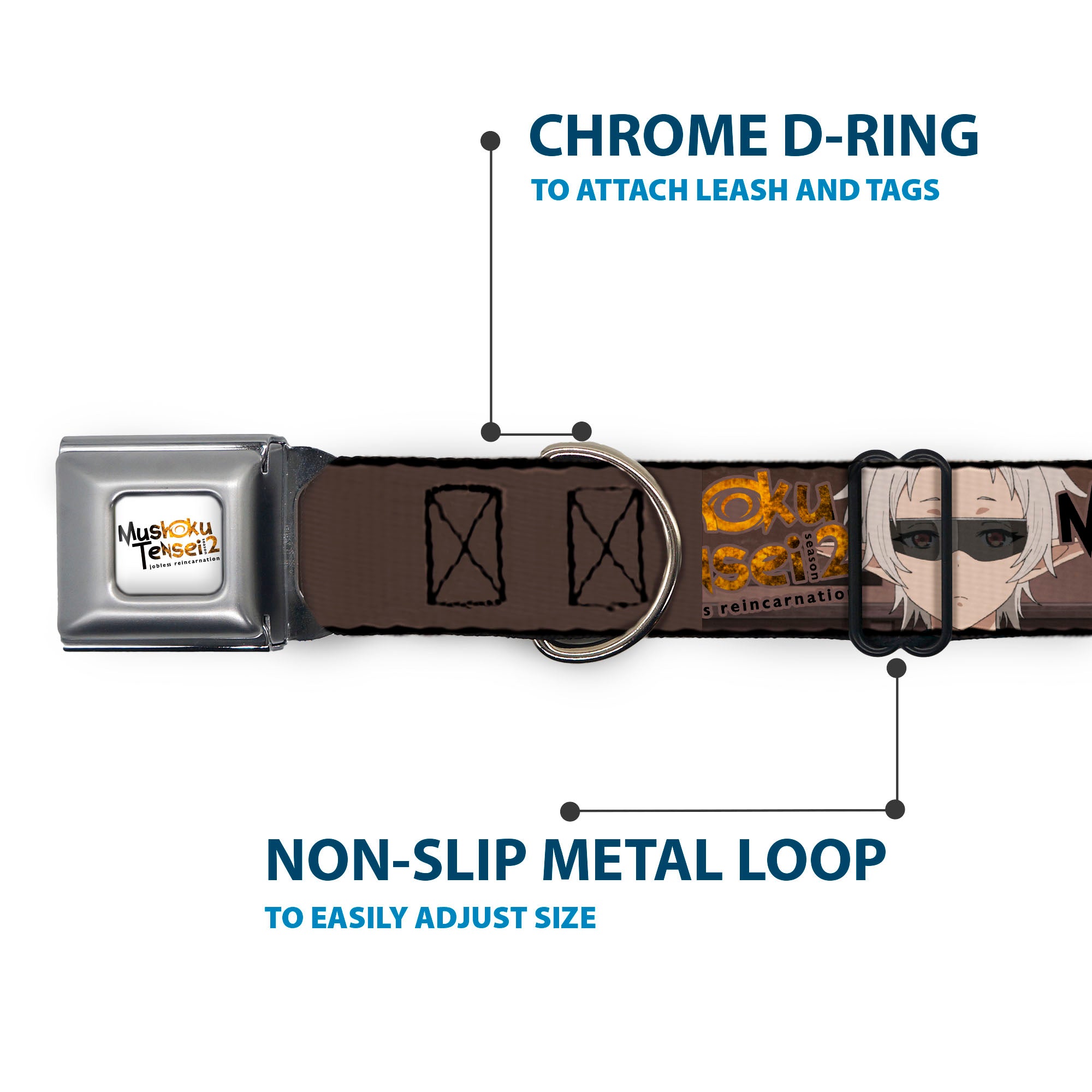 MUSHOKU TENSEI SEASON 2 JOBLESS REINACARNATION Title Logo Full Color White Seatbelt Buckle Collar - MUSHOKU TENSEI Sylphiette Fitz Guard Pose and Title Logo Browns Seatbelt Buckle Collars Mushoku Tensei Jobless Reincarnation
