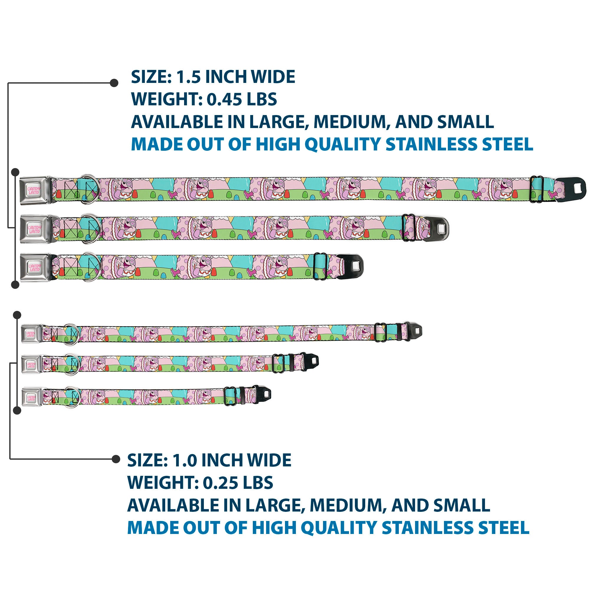 CANDY LAND Title Logo Full Color Light Gray/Pinks Seatbelt Buckle Collar - Candy Land Jolly Laughing Pose and Gum Drops Multi Color Seatbelt Buckle Collars Candy Land