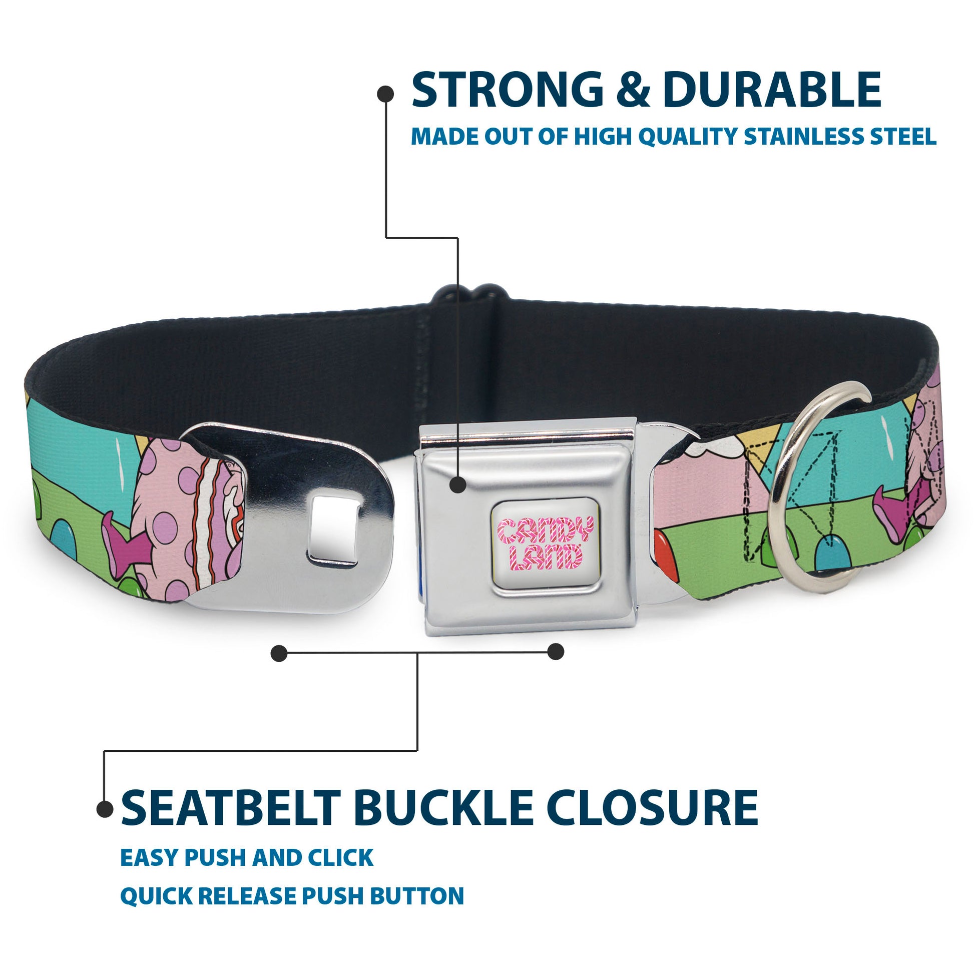 CANDY LAND Title Logo Full Color Light Gray/Pinks Seatbelt Buckle Collar - Candy Land Jolly Laughing Pose and Gum Drops Multi Color Seatbelt Buckle Collars Candy Land