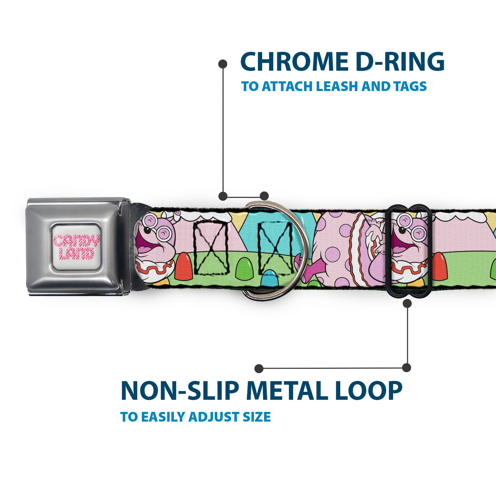 CANDY LAND Title Logo Full Color Light Gray/Pinks Seatbelt Buckle Collar - Candy Land Jolly Laughing Pose and Gum Drops Multi Color Seatbelt Buckle Collars Candy Land
