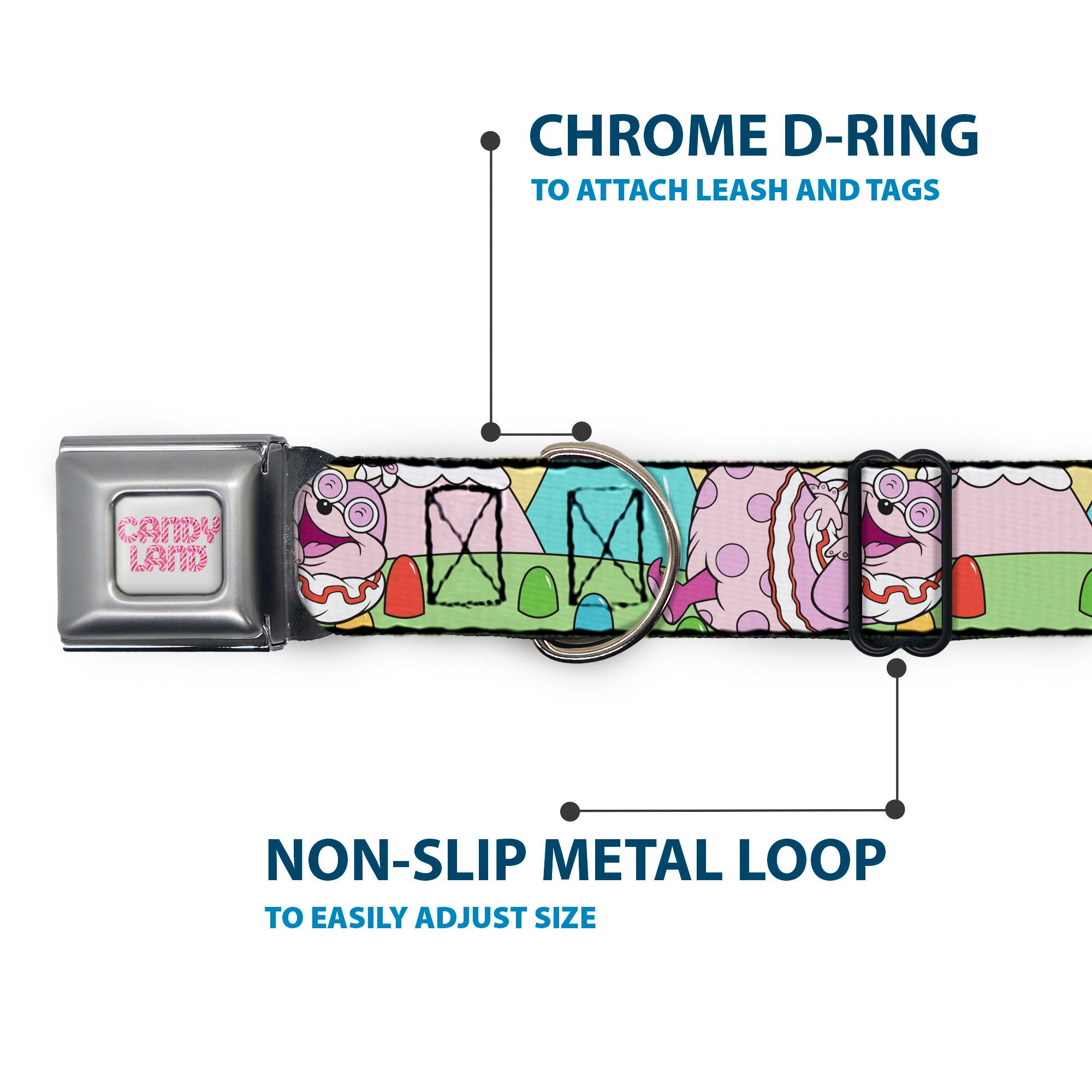 CANDY LAND Title Logo Full Color Light Gray/Pinks Seatbelt Buckle Collar - Candy Land Jolly Laughing Pose and Gum Drops Multi Color Seatbelt Buckle Collars Candy Land