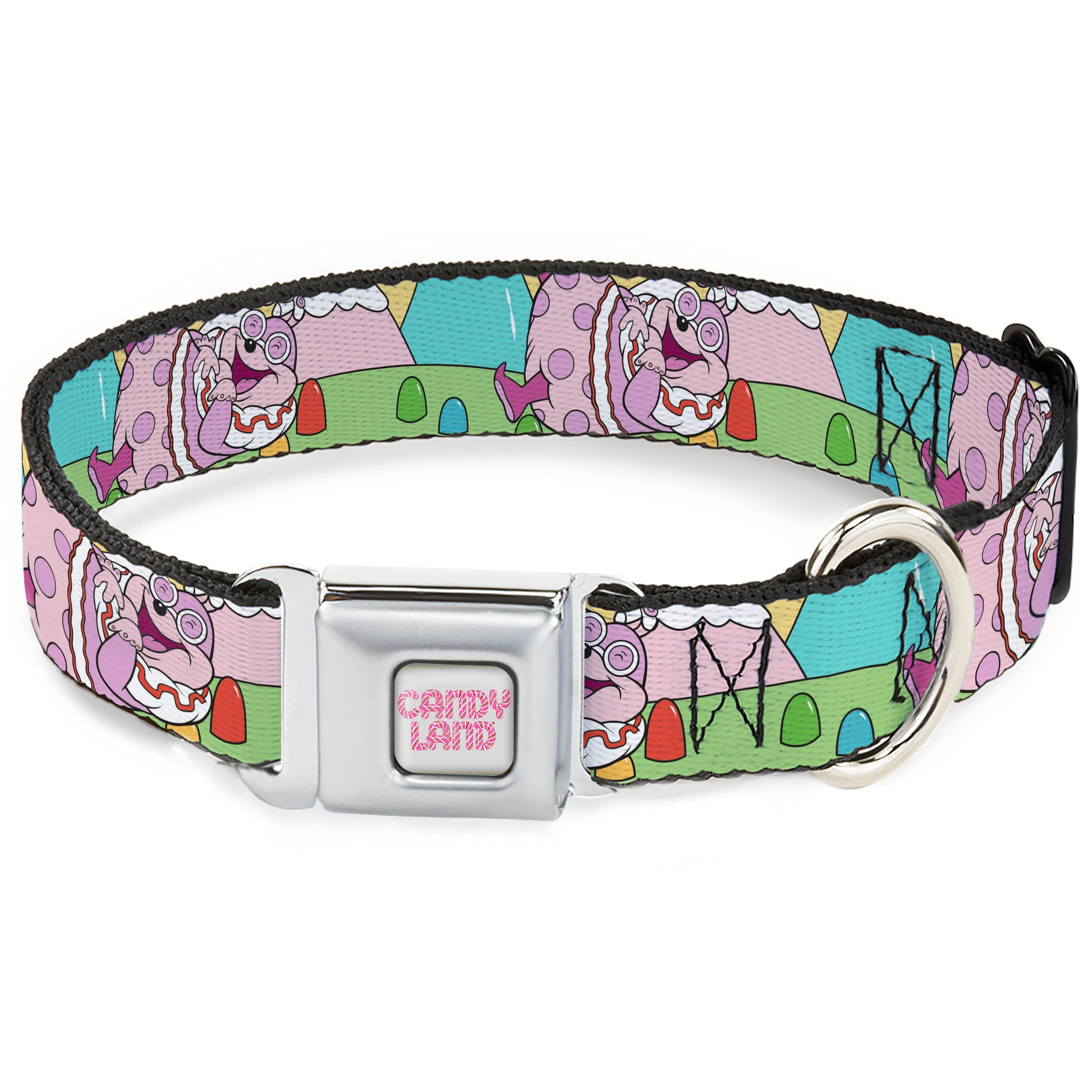 CANDY LAND Title Logo Full Color Light Gray/Pinks Seatbelt Buckle Collar - Candy Land Jolly Laughing Pose and Gum Drops Multi Color Seatbelt Buckle Collars Candy Land