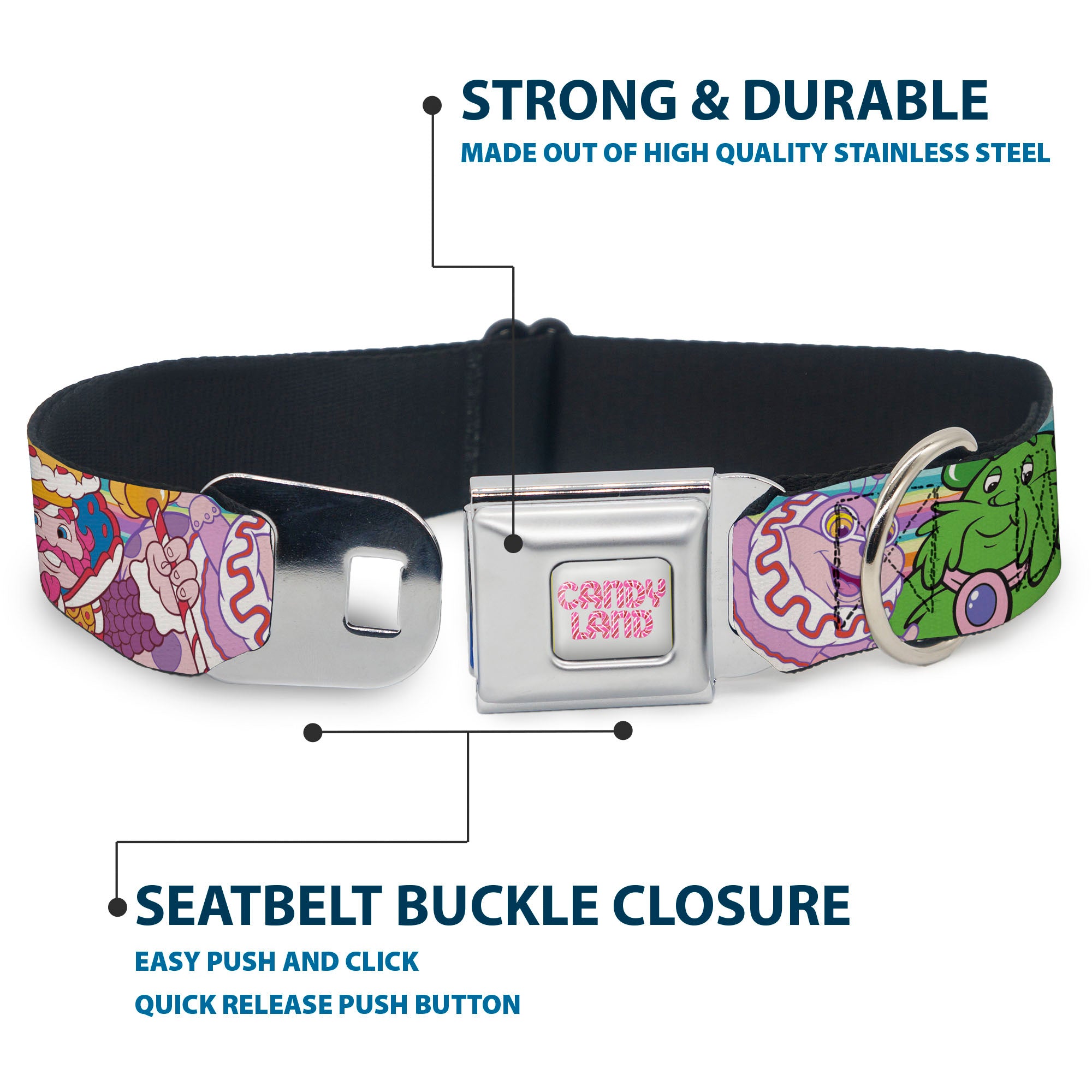 CANDY LAND Title Logo Full Color Light Gray/Pinks Seatbelt Buckle Collar - Candy Land Character Lineup Stripe Multi Color Seatbelt Buckle Collars Candy Land