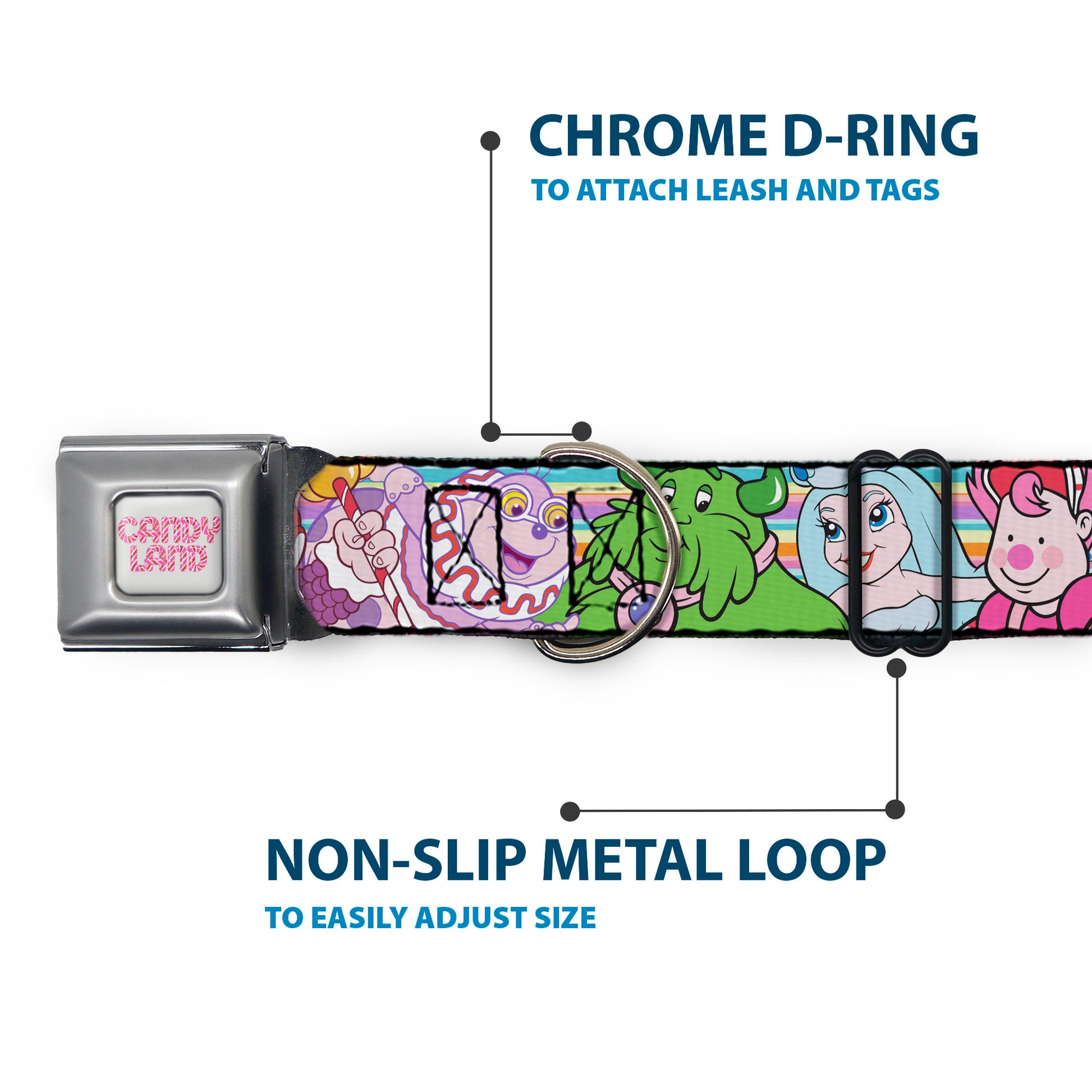 CANDY LAND Title Logo Full Color Light Gray/Pinks Seatbelt Buckle Collar - Candy Land Character Lineup Stripe Multi Color Seatbelt Buckle Collars Candy Land