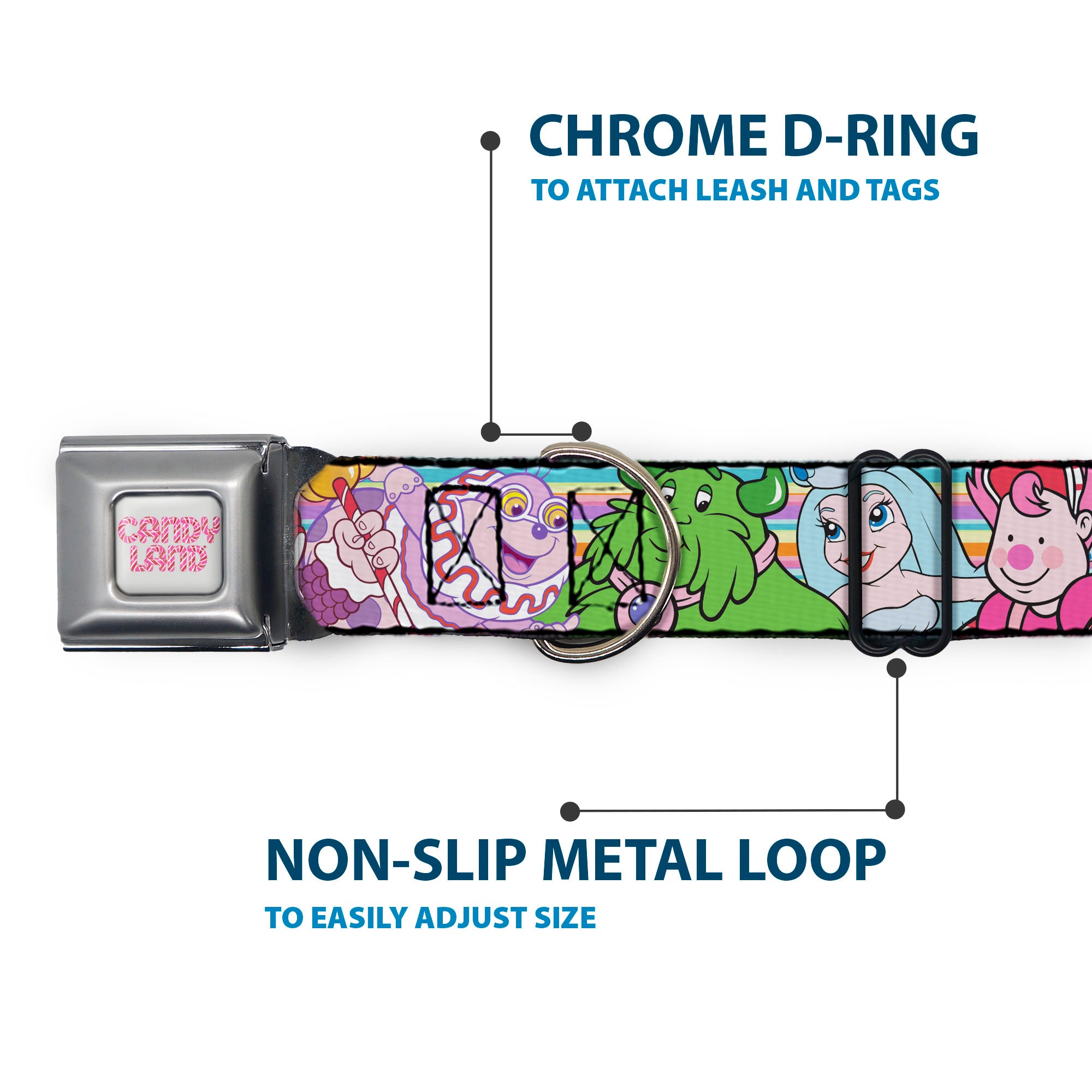 CANDY LAND Title Logo Full Color Light Gray/Pinks Seatbelt Buckle Collar - Candy Land Character Lineup Stripe Multi Color Seatbelt Buckle Collars Candy Land