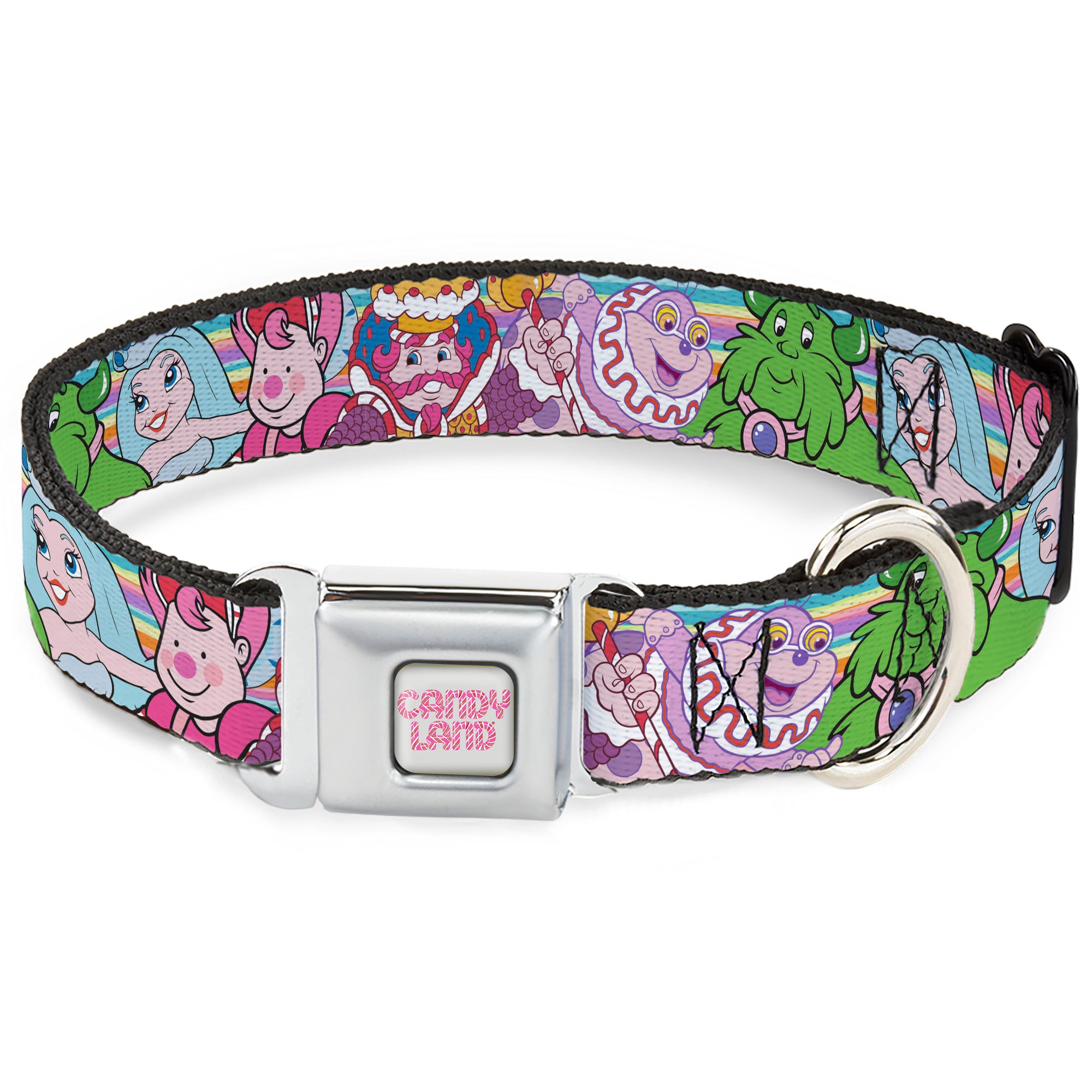 CANDY LAND Title Logo Full Color Light Gray/Pinks Seatbelt Buckle Collar - Candy Land Character Lineup Stripe Multi Color Seatbelt Buckle Collars Candy Land