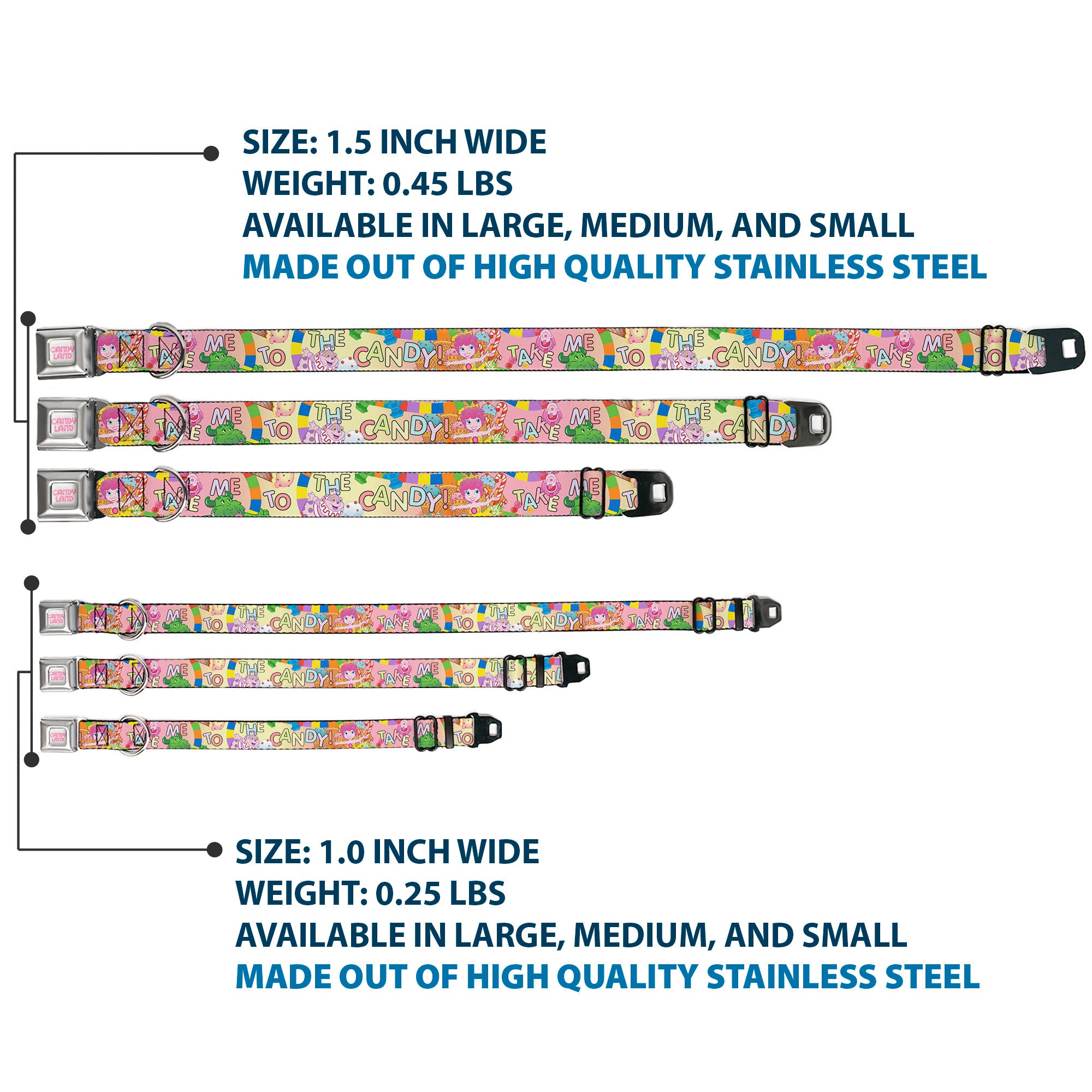 CANDY LAND Title Logo Full Color Light Gray/Pinks Seatbelt Buckle Collar - Candy Land TAKE ME TO THE CANDY Character Collage Multi Color Seatbelt Buckle Collars Candy Land
