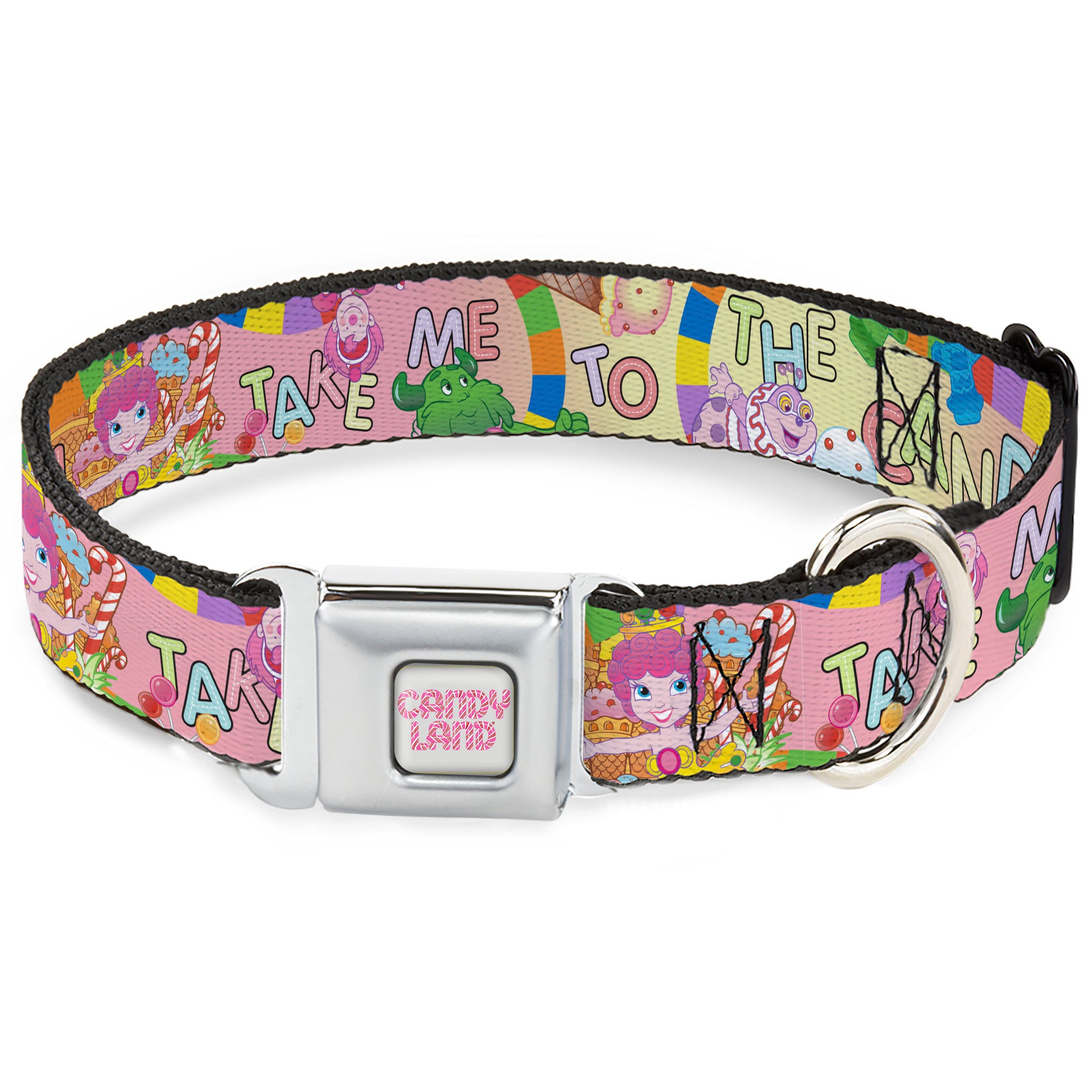 CANDY LAND Title Logo Full Color Light Gray/Pinks Seatbelt Buckle Collar - Candy Land TAKE ME TO THE CANDY Character Collage Multi Color Seatbelt Buckle Collars Candy Land