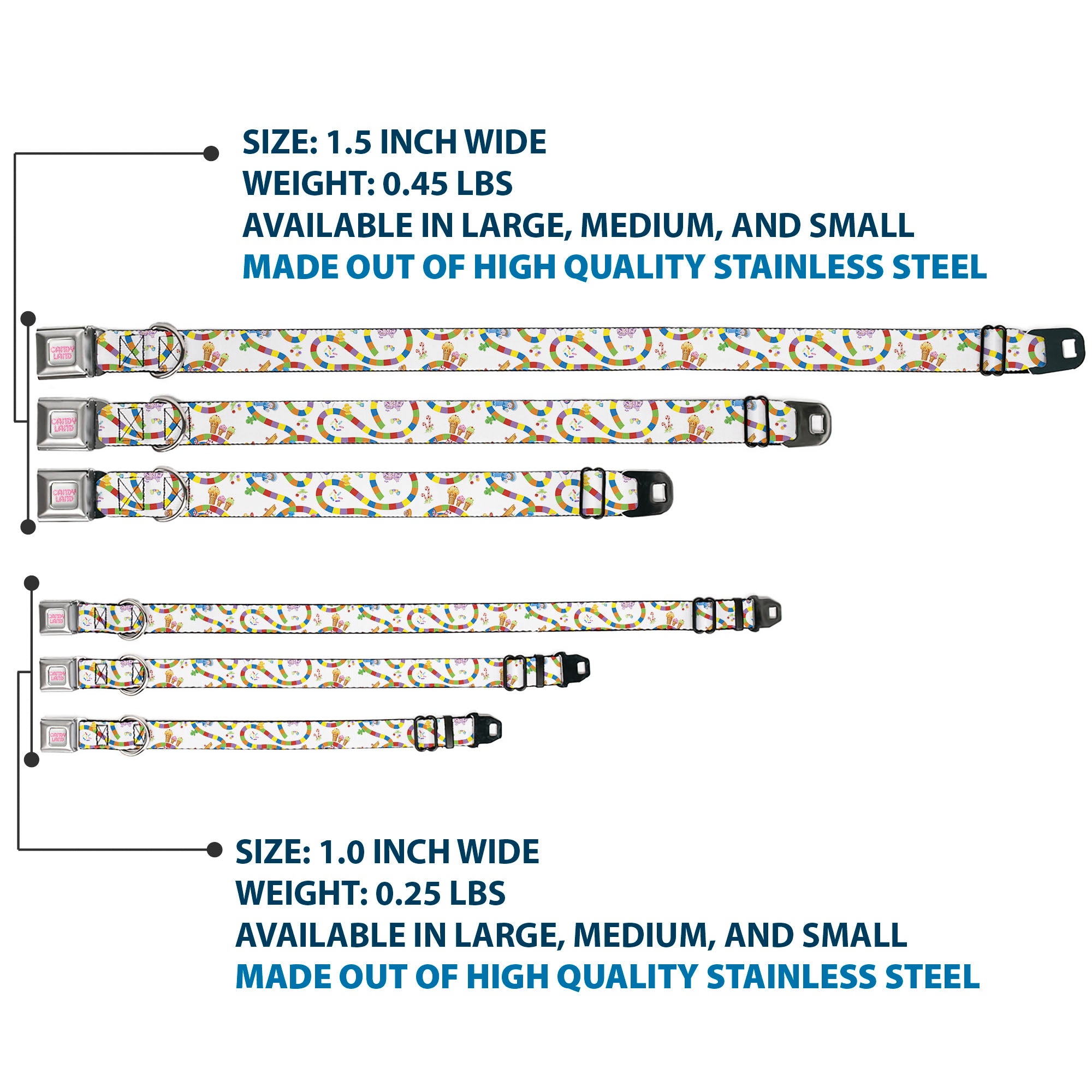 CANDY LAND Title Logo Full Color Light Gray/Pinks Seatbelt Buckle Collar - Candy Land Game Board Path Characters and Icons White/Multi Color Seatbelt Buckle Collars Candy Land