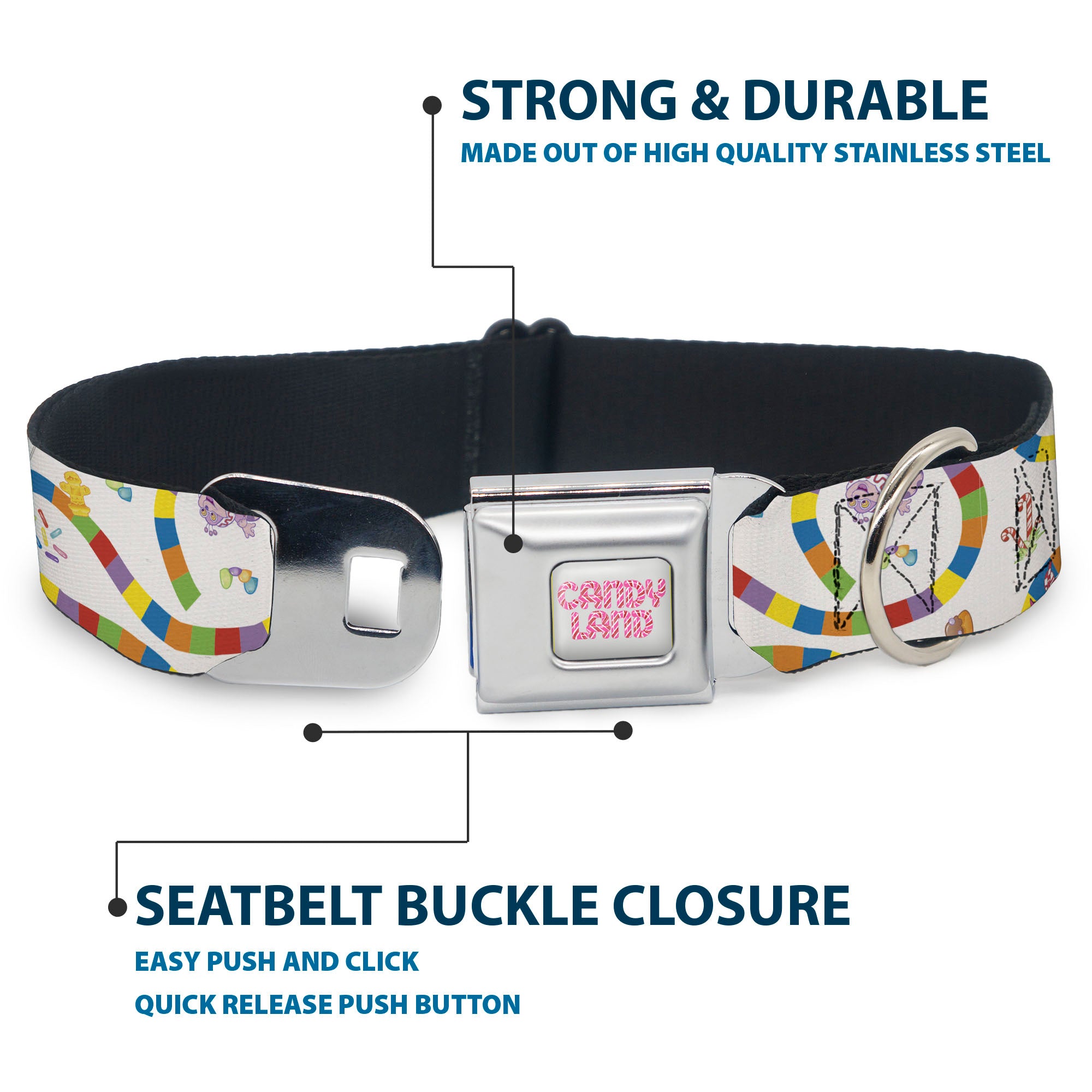 CANDY LAND Title Logo Full Color Light Gray/Pinks Seatbelt Buckle Collar - Candy Land Game Board Path Characters and Icons White/Multi Color Seatbelt Buckle Collars Candy Land