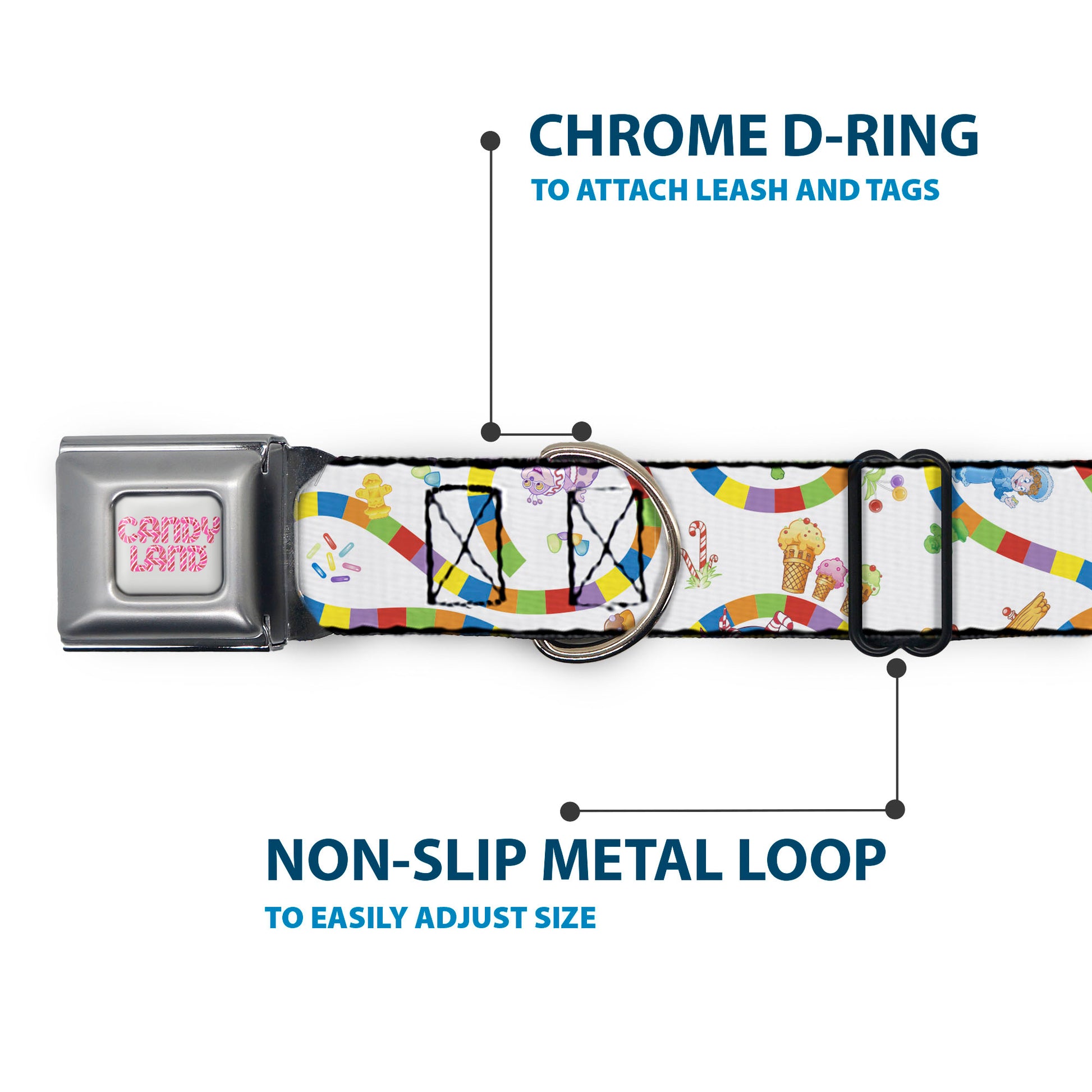 CANDY LAND Title Logo Full Color Light Gray/Pinks Seatbelt Buckle Collar - Candy Land Game Board Path Characters and Icons White/Multi Color Seatbelt Buckle Collars Candy Land