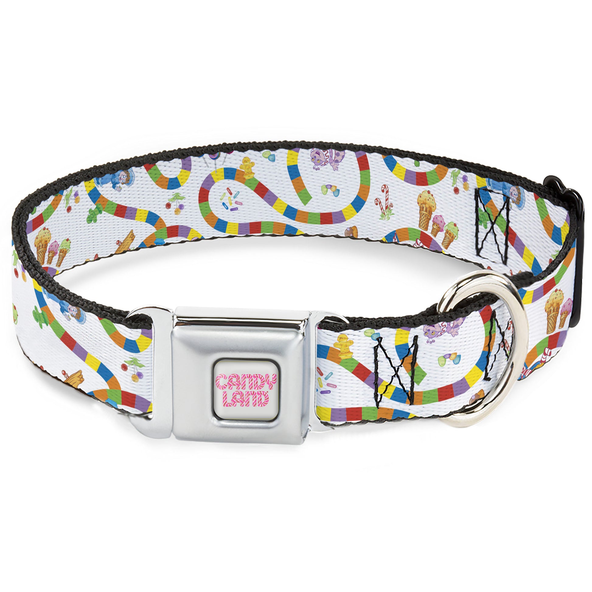 CANDY LAND Title Logo Full Color Light Gray/Pinks Seatbelt Buckle Collar - Candy Land Game Board Path Characters and Icons White/Multi Color Seatbelt Buckle Collars Candy Land