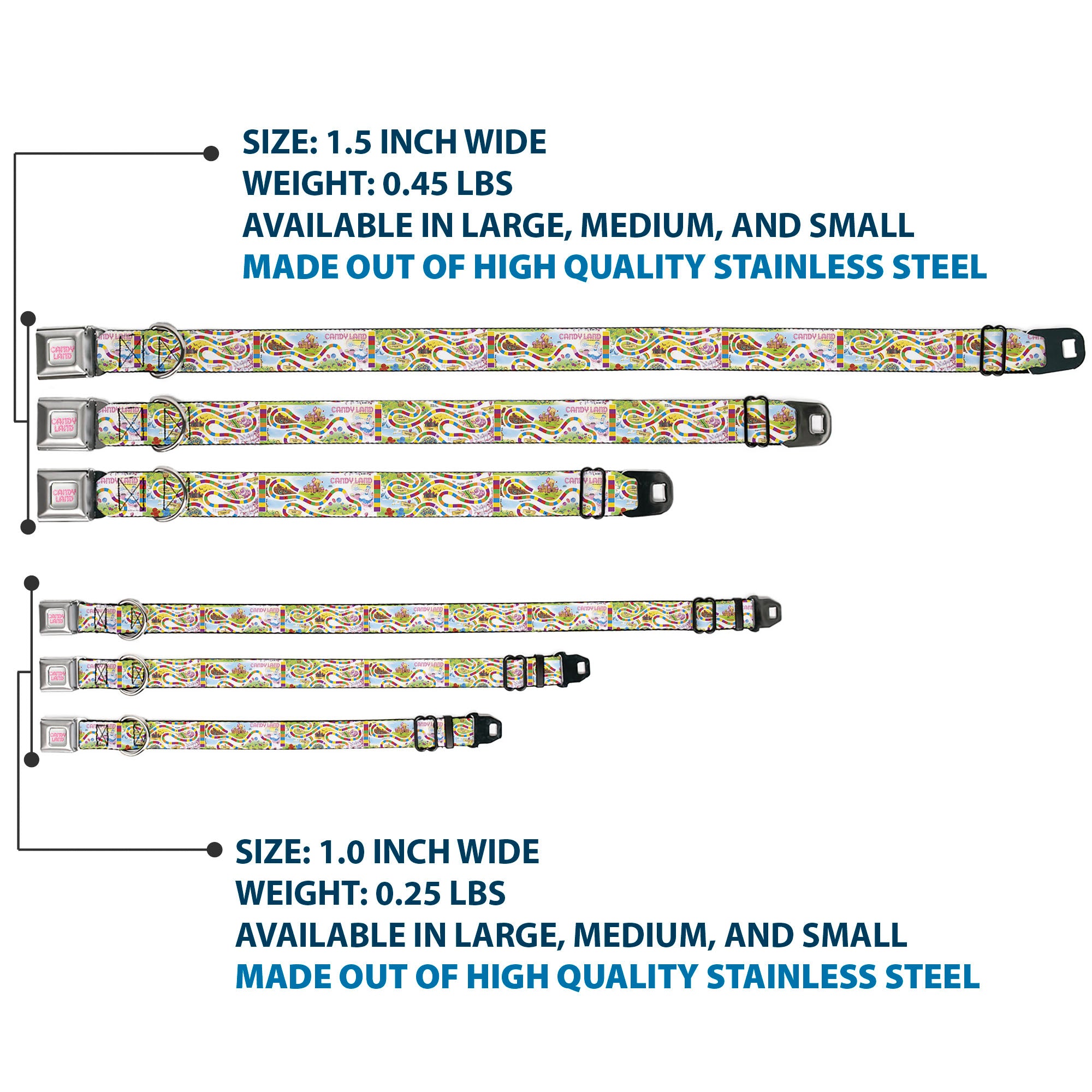 CANDY LAND Title Logo Full Color Light Gray/Pinks Seatbelt Buckle Collar - Candy Land Game Board Game Scenes White/Multi Color Seatbelt Buckle Collars Candy Land