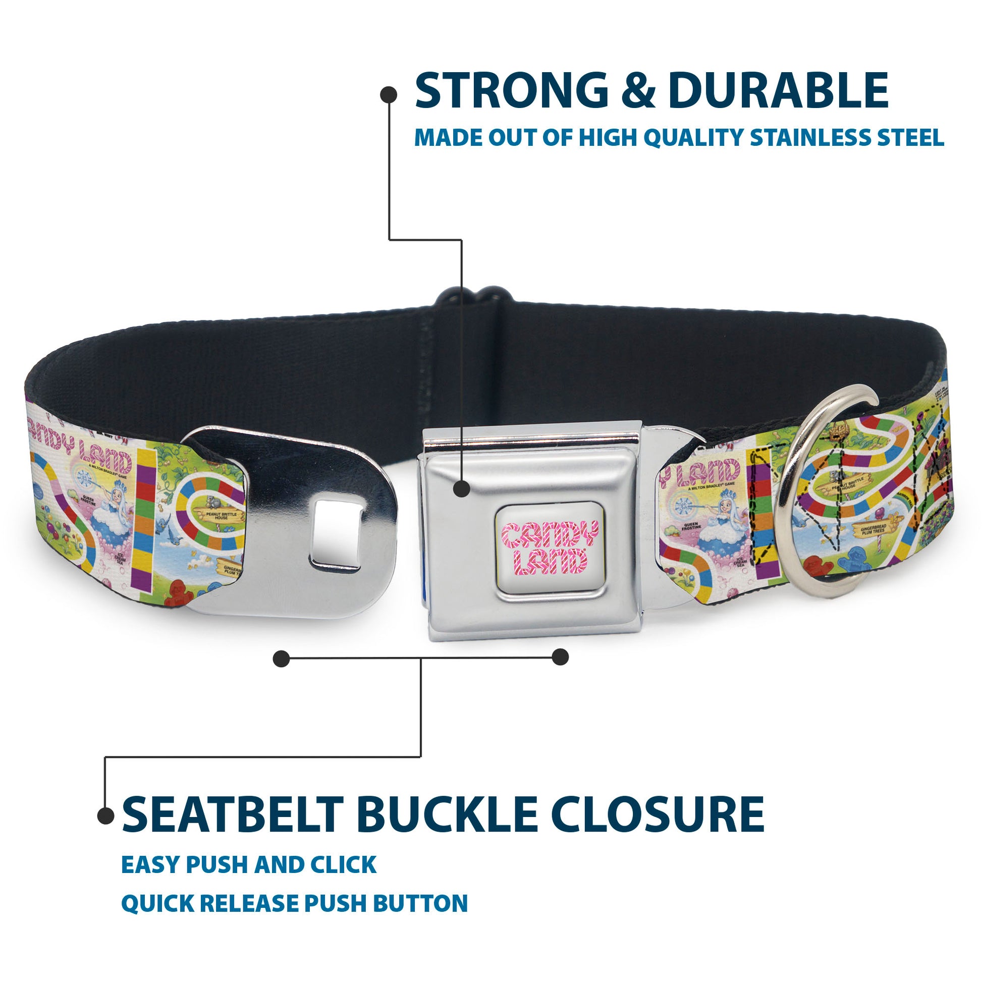 CANDY LAND Title Logo Full Color Light Gray/Pinks Seatbelt Buckle Collar - Candy Land Game Board Game Scenes White/Multi Color Seatbelt Buckle Collars Candy Land