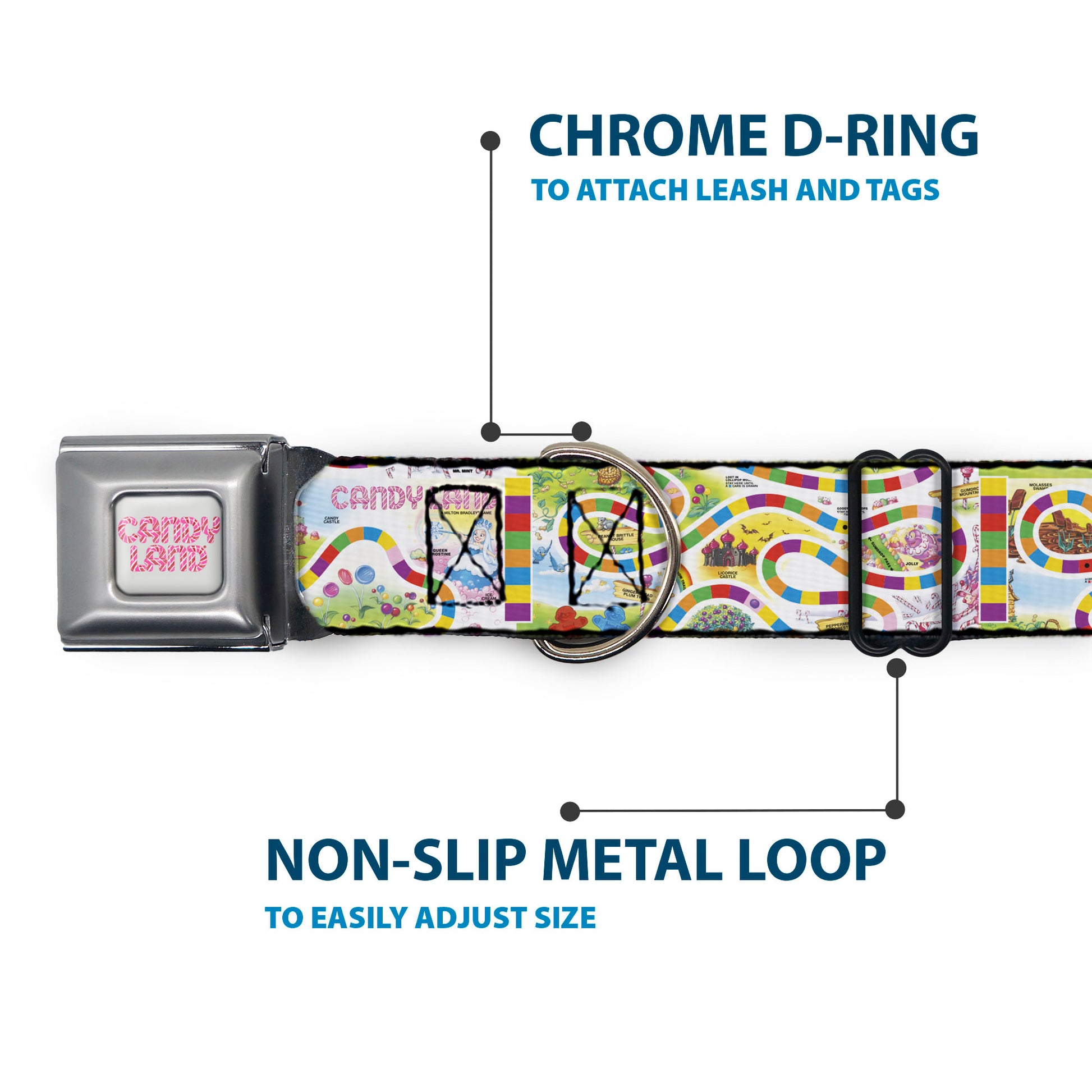 CANDY LAND Title Logo Full Color Light Gray/Pinks Seatbelt Buckle Collar - Candy Land Game Board Game Scenes White/Multi Color Seatbelt Buckle Collars Candy Land