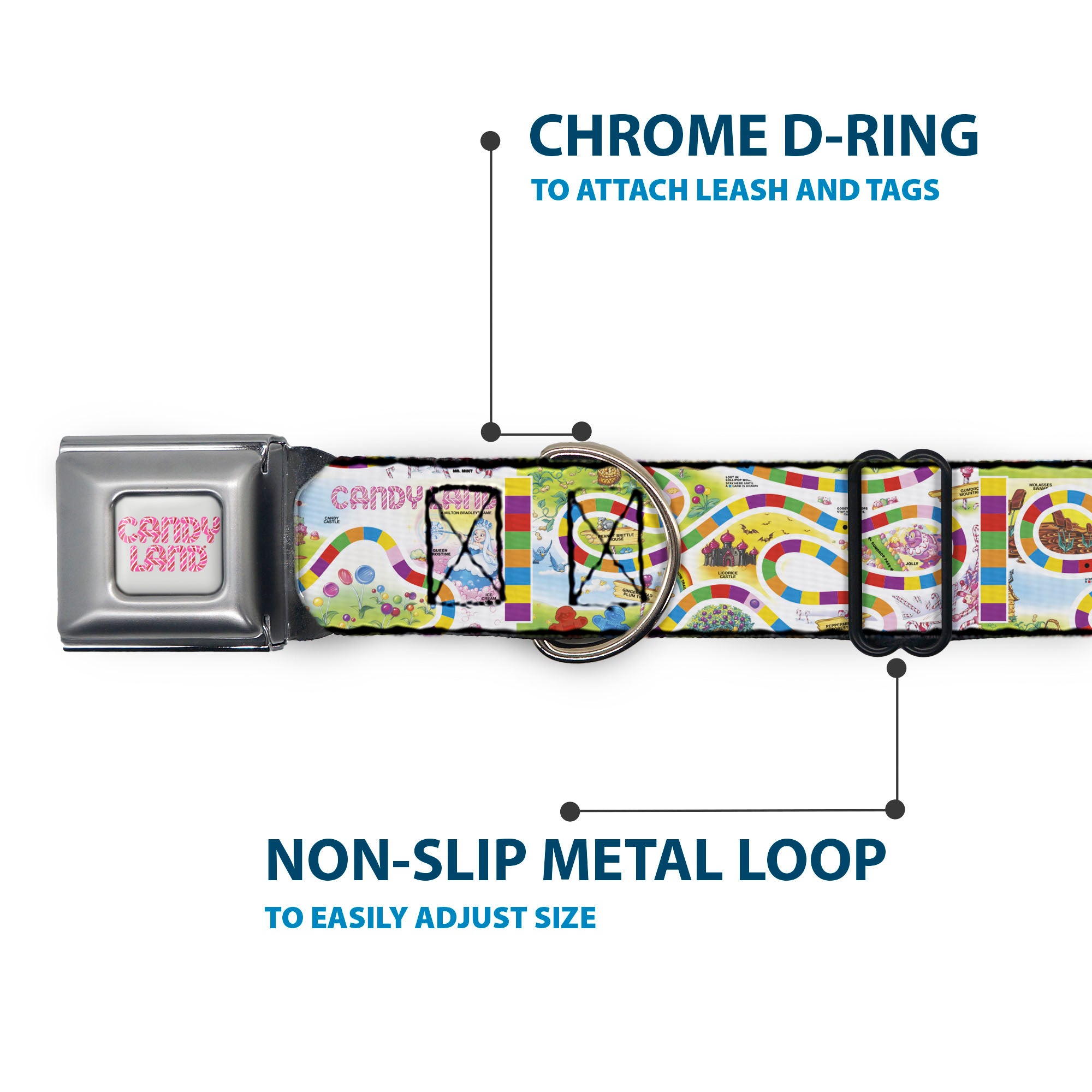 CANDY LAND Title Logo Full Color Light Gray/Pinks Seatbelt Buckle Collar - Candy Land Game Board Game Scenes White/Multi Color Seatbelt Buckle Collars Candy Land