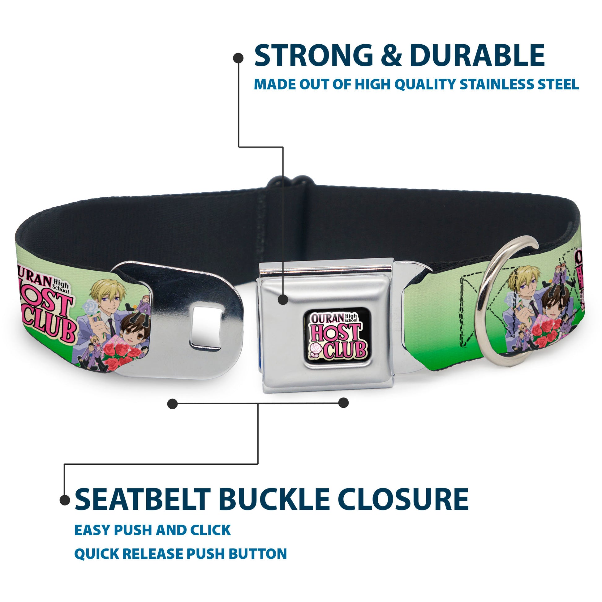 OURAN HIGH SCHOOL HOST CLUB Title Logo Full Color Black Seatbelt Buckle Collar - OURAN HIGH SCHOOL HOST CLUB Haruhi and Friends Group Pose and Title Logo Greens Seatbelt Buckle Collars Ouran High School Host Club