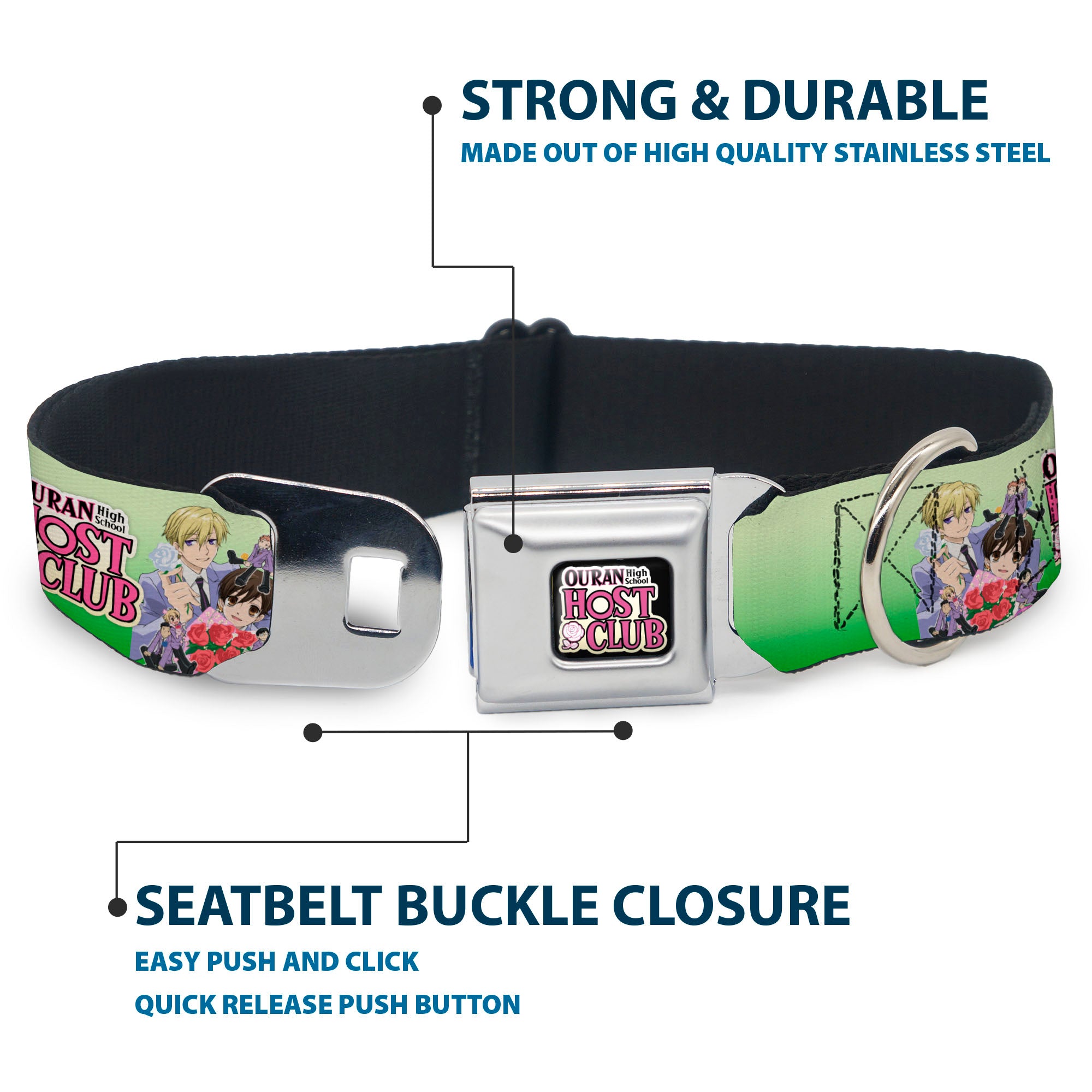OURAN HIGH SCHOOL HOST CLUB Title Logo Full Color Black Seatbelt Buckle Collar - OURAN HIGH SCHOOL HOST CLUB Haruhi and Friends Group Pose and Title Logo Greens Seatbelt Buckle Collars Ouran High School Host Club