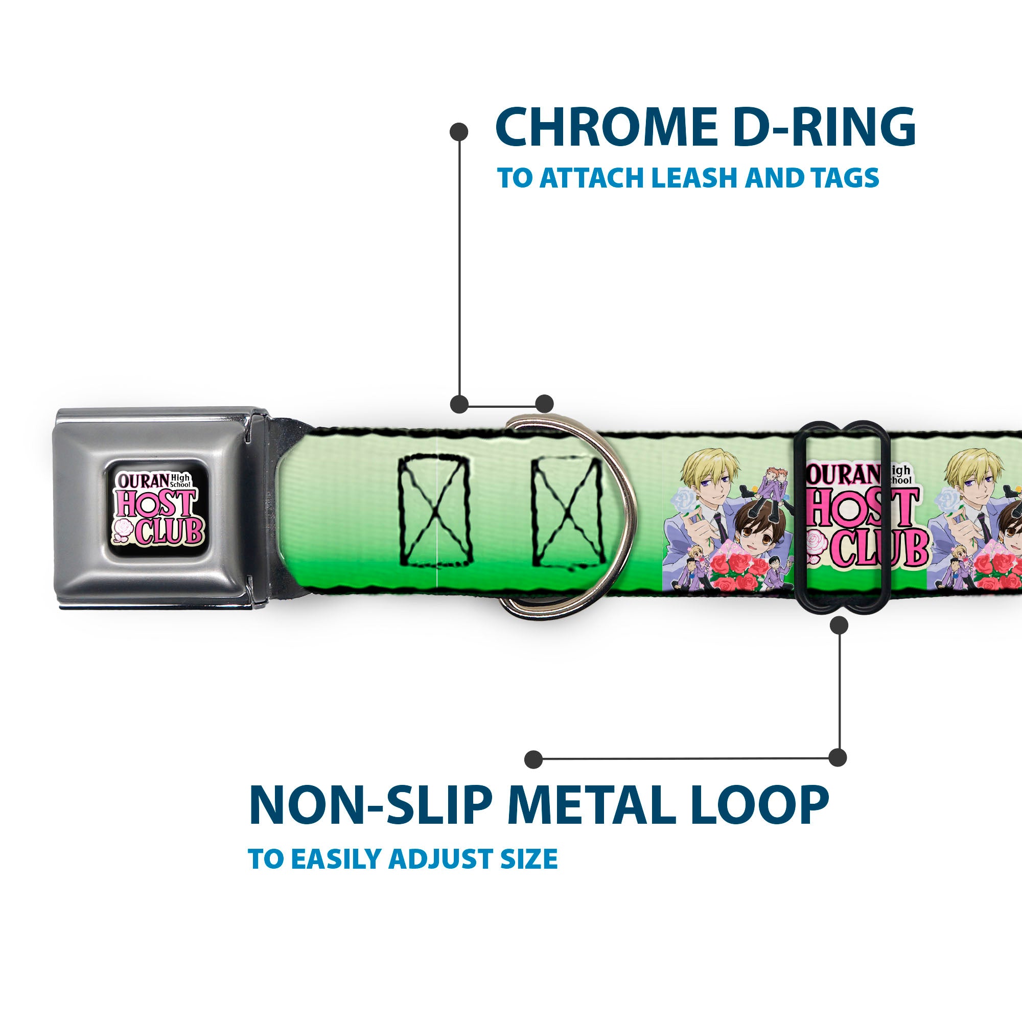 OURAN HIGH SCHOOL HOST CLUB Title Logo Full Color Black Seatbelt Buckle Collar - OURAN HIGH SCHOOL HOST CLUB Haruhi and Friends Group Pose and Title Logo Greens Seatbelt Buckle Collars Ouran High School Host Club