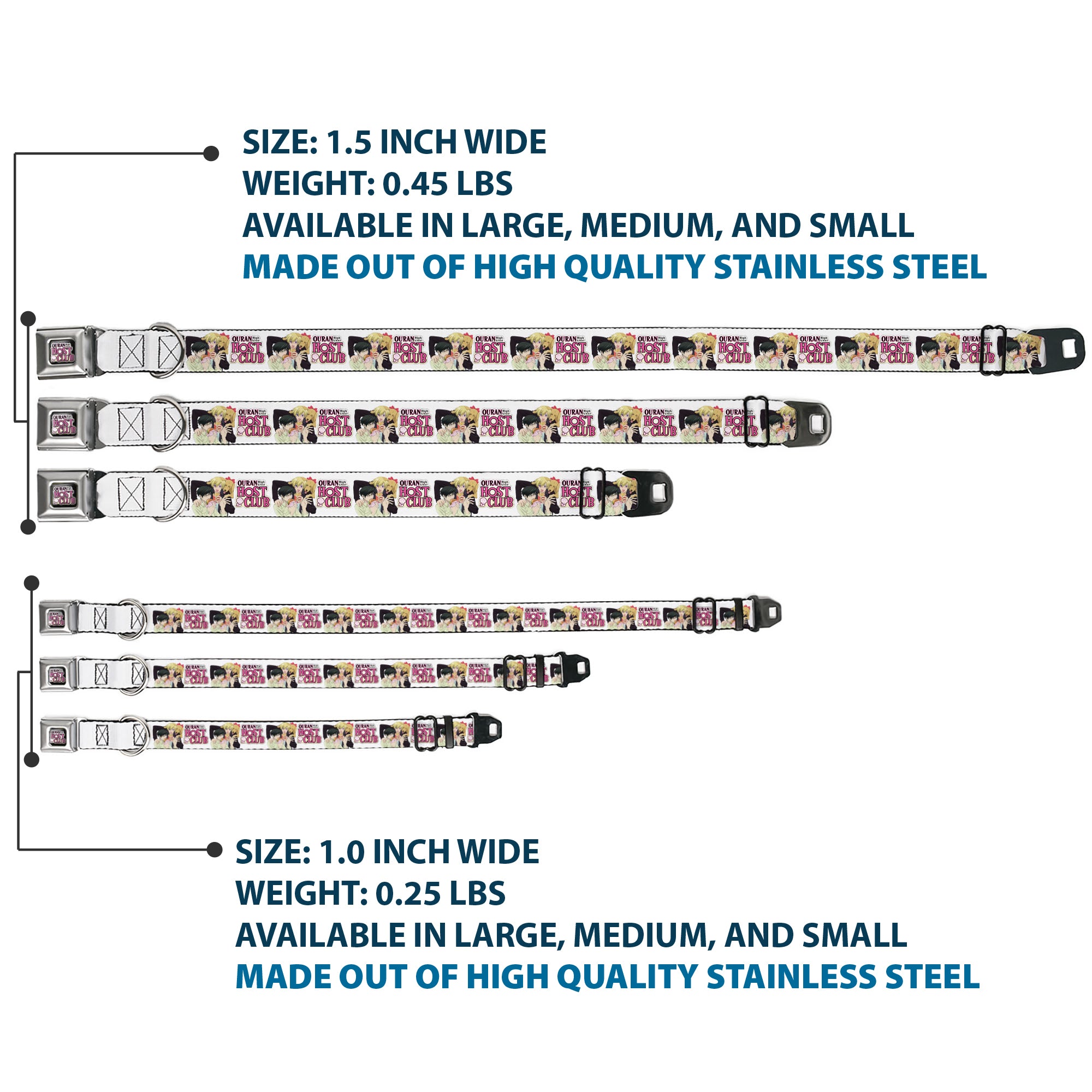 OURAN HIGH SCHOOL HOST CLUB Title Logo Full Color Black Seatbelt Buckle Collar - OURAN HIGH SCHOOL HOST CLUB Kyoya Haruhi and Antoinette Pose and Title Logo White Seatbelt Buckle Collars Ouran High School Host Club