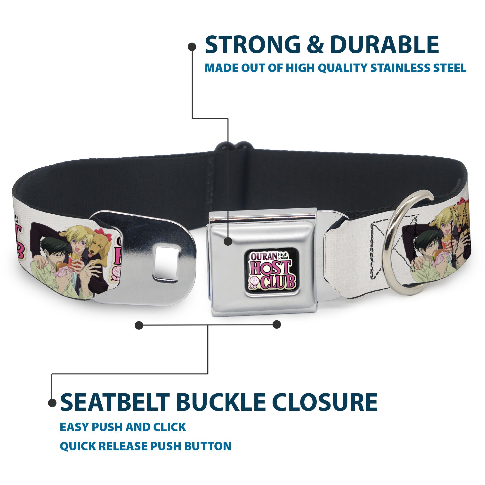 OURAN HIGH SCHOOL HOST CLUB Title Logo Full Color Black Seatbelt Buckle Collar - OURAN HIGH SCHOOL HOST CLUB Kyoya Haruhi and Antoinette Pose and Title Logo White Seatbelt Buckle Collars Ouran High School Host Club
