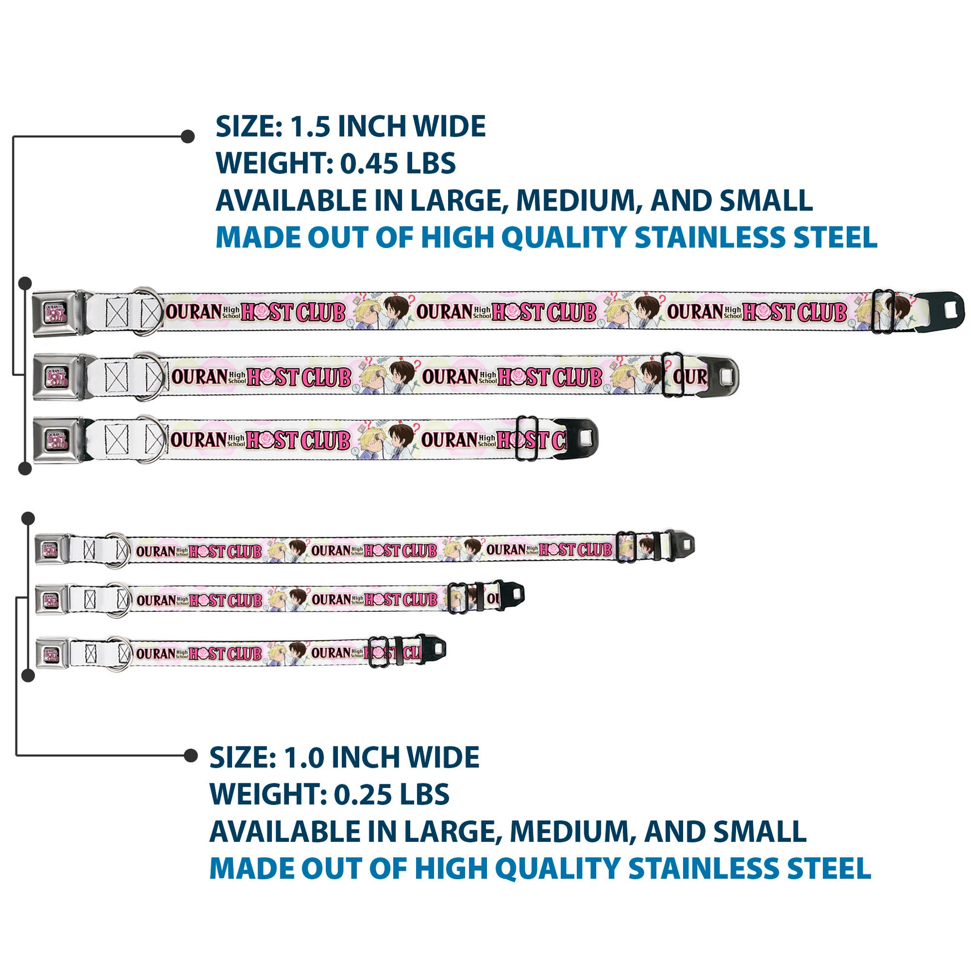 OURAN HIGH SCHOOL HOST CLUB Title Logo Full Color Black Seatbelt Buckle Collar - OURAN HIGH SCHOOL Chibi Tamaki and Haruhi Pose and Title Logo White Seatbelt Buckle Collars Ouran High School Host Club