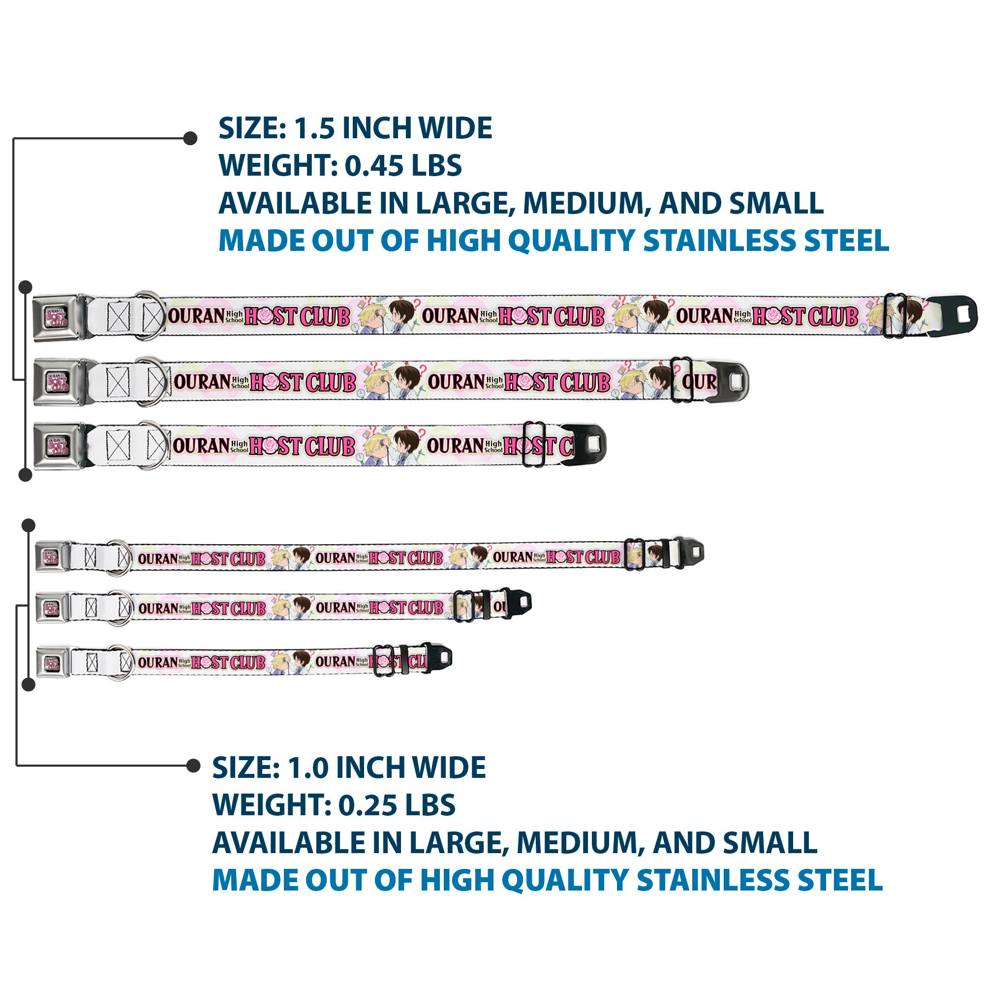 OURAN HIGH SCHOOL HOST CLUB Title Logo Full Color Black Seatbelt Buckle Collar - OURAN HIGH SCHOOL Chibi Tamaki and Haruhi Pose and Title Logo White Seatbelt Buckle Collars Ouran High School Host Club